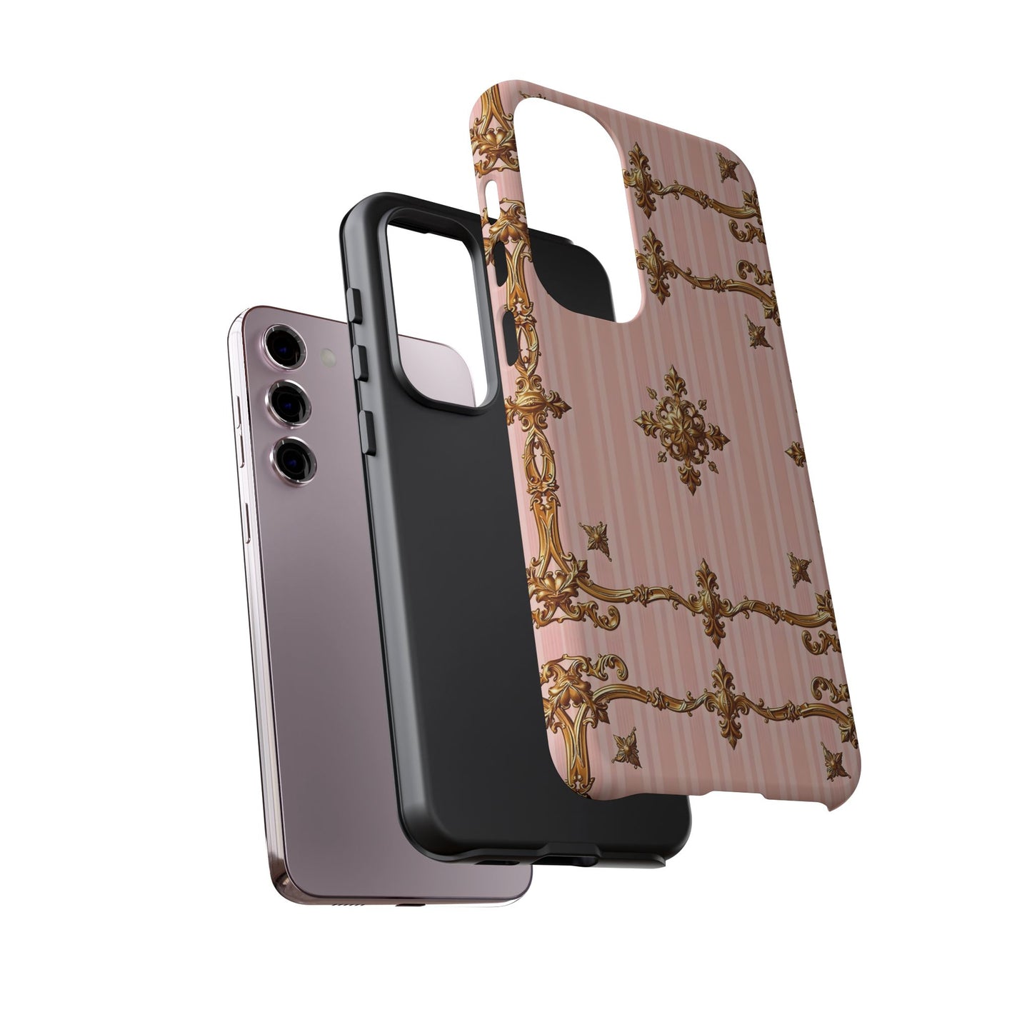Elegant Floral Phone Case, Tough Cases for Women, Trendy Phone Cover, Chic Gift - Pink Striped Gold Baroque
