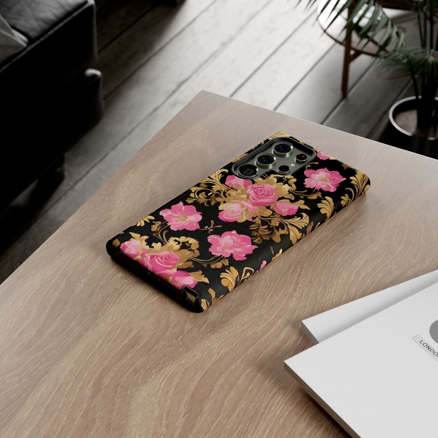 Elegant Floral Motif Phone Case - Tough Cases with Vintage Design - Pink & Gold Roses