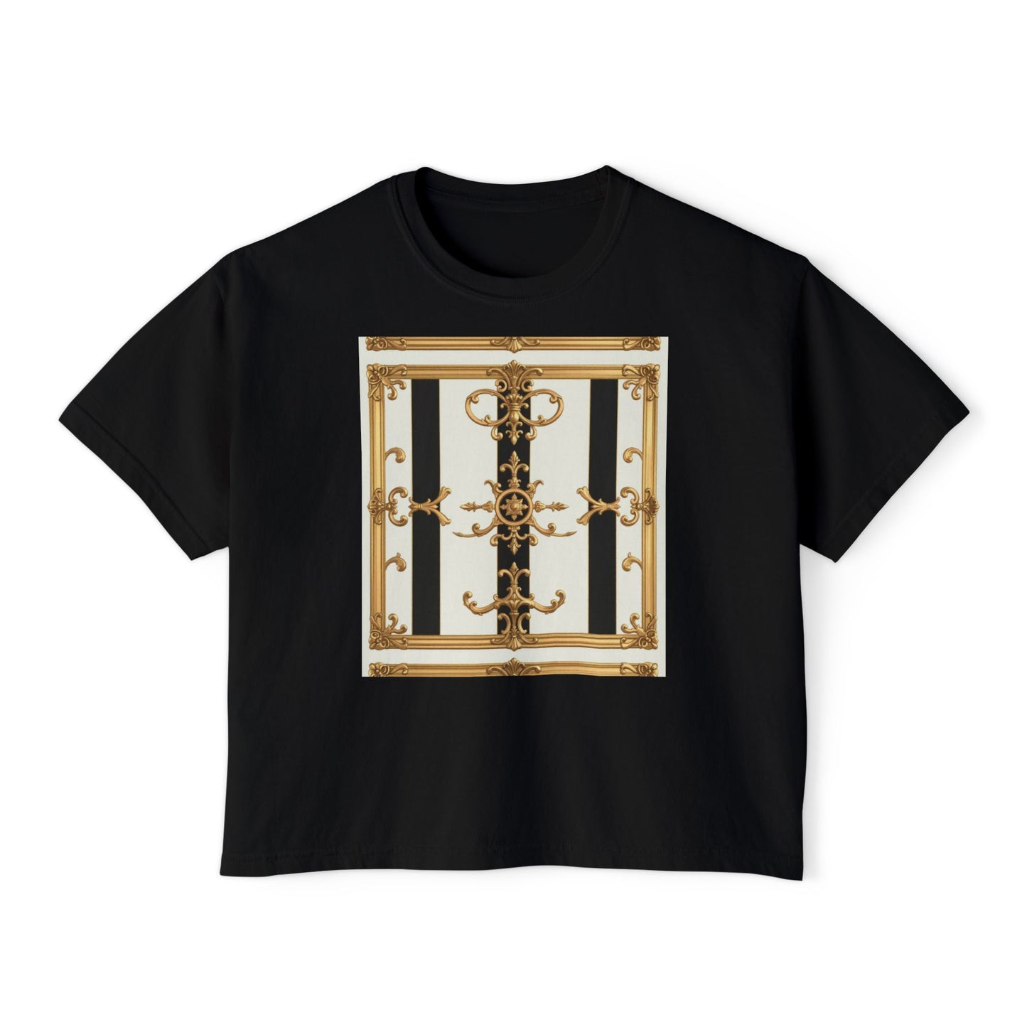 Chic Women's Boxy Tee, Stylish Graphic Shirt, Trendy Casual Top, Fashionable Everyday Wear - Black & White Striped Gold Baroque