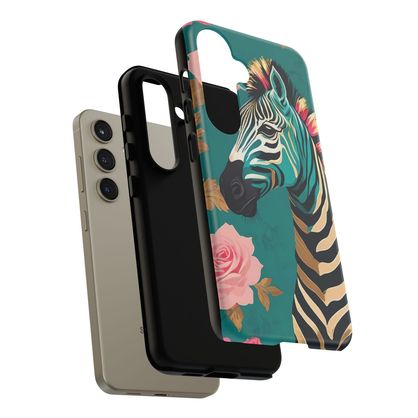 Phone Case - Elegant Teal & Gold Zebra & Roses Design