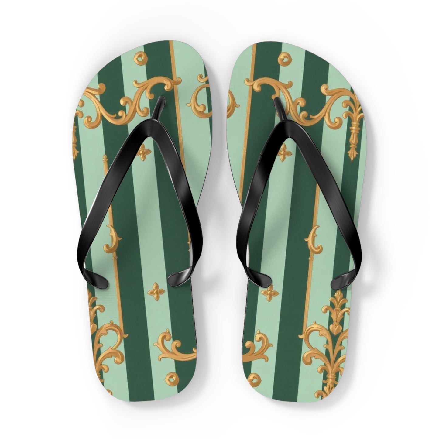 Elegant Patterned Flip Flops for Summer Fun, Beach Sandals, Casual Footwear, Vacation Essentials - Mint Green & Teal Striped Gold Baroque