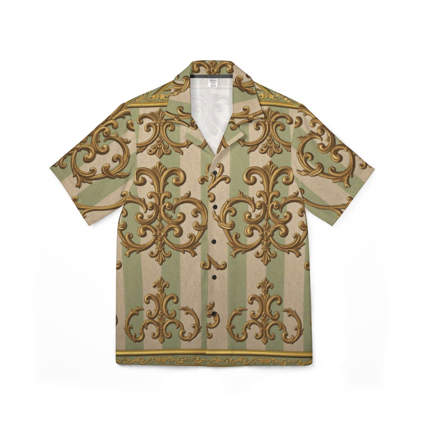 Stylish Men's Hawaiian Camp Shirt, Tropical Casual Shirt, AOP Patterned Top, Summer Vacation Wear - Mint & Beige Striped Gold Baroque