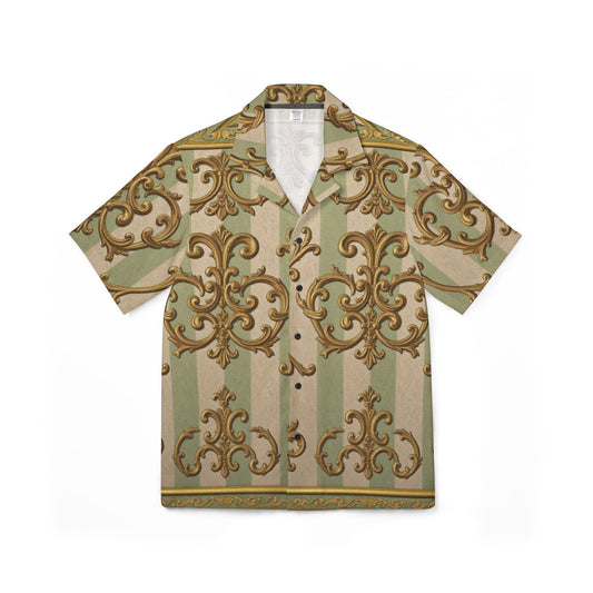 Stylish Men's Hawaiian Camp Shirt, Tropical Casual Shirt, AOP Patterned Top, Summer Vacation Wear - Mint & Beige Striped Gold Baroque