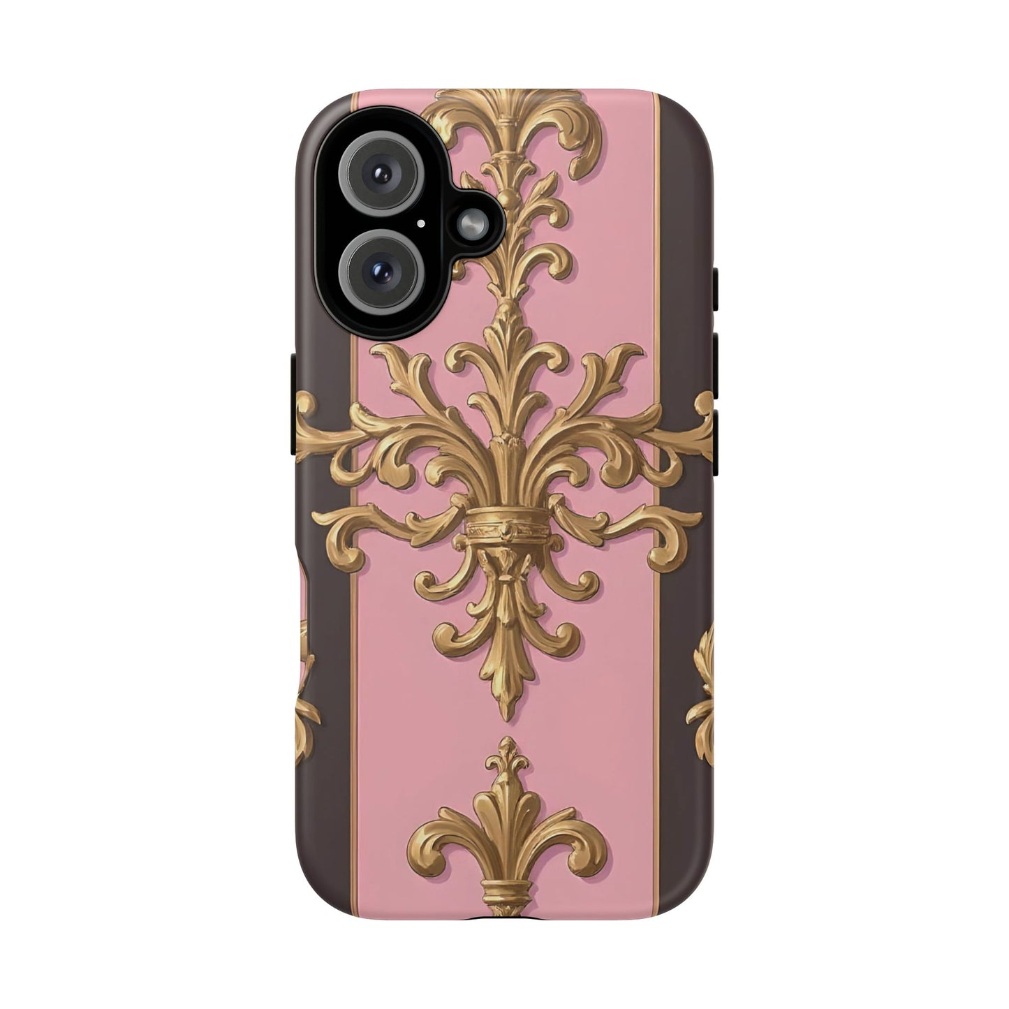 Elegant Floral Motif Phone Case - Tough Cases with Vintage Design - Pink & Brown Striped Gold Damask