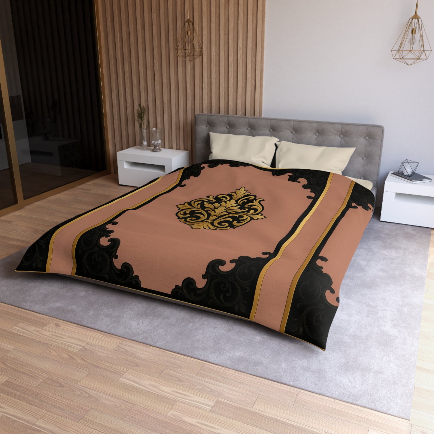 Mauve & Black-Gold Elegant Baroque Microfiber Duvet Cover - Chic Bedroom Decor, Luxurious Bedding, Home Makeover, Gift for Her, Elegant Style