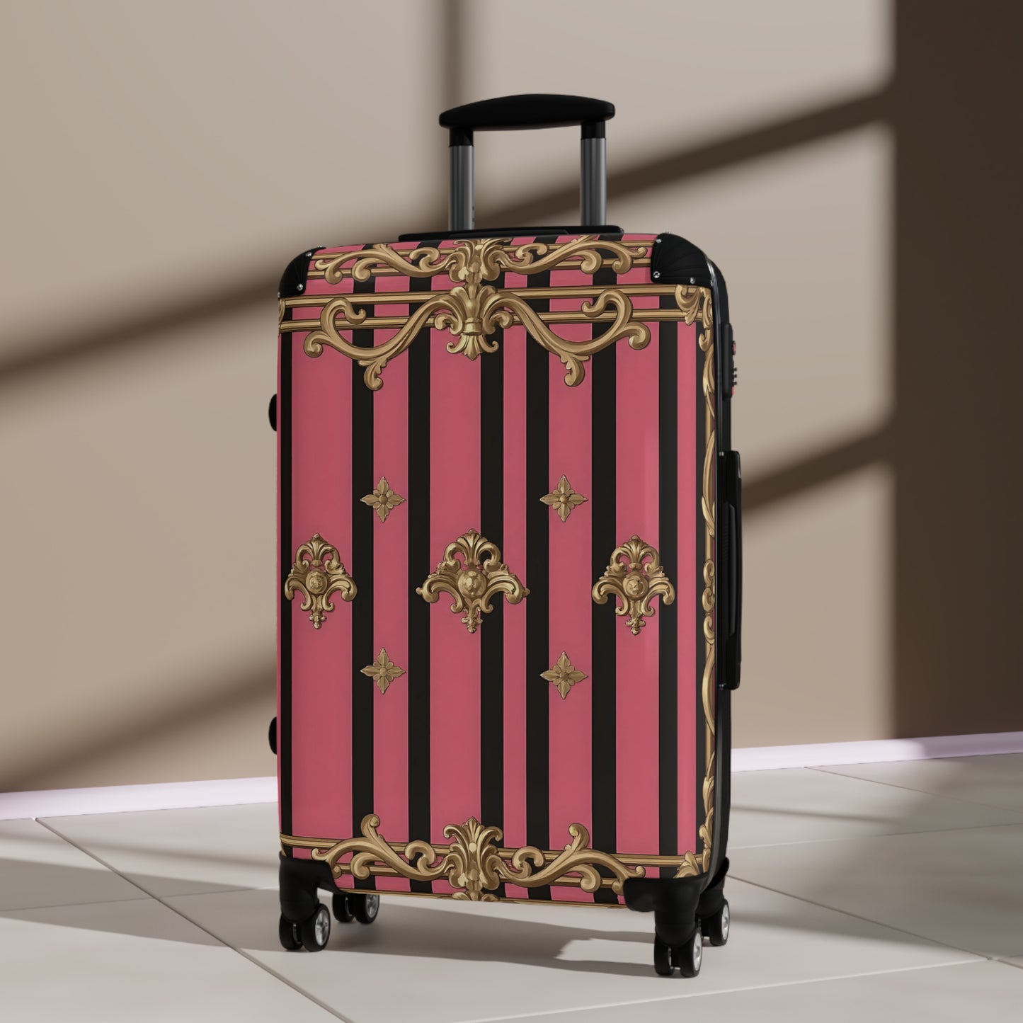 Chic Travel Suitcase for Fashionable Adventurers - Stylish Luggage, Pink Travel Bag, Unique Suitcase, Trendy Carry-On - Pink Striped Gold Rococo