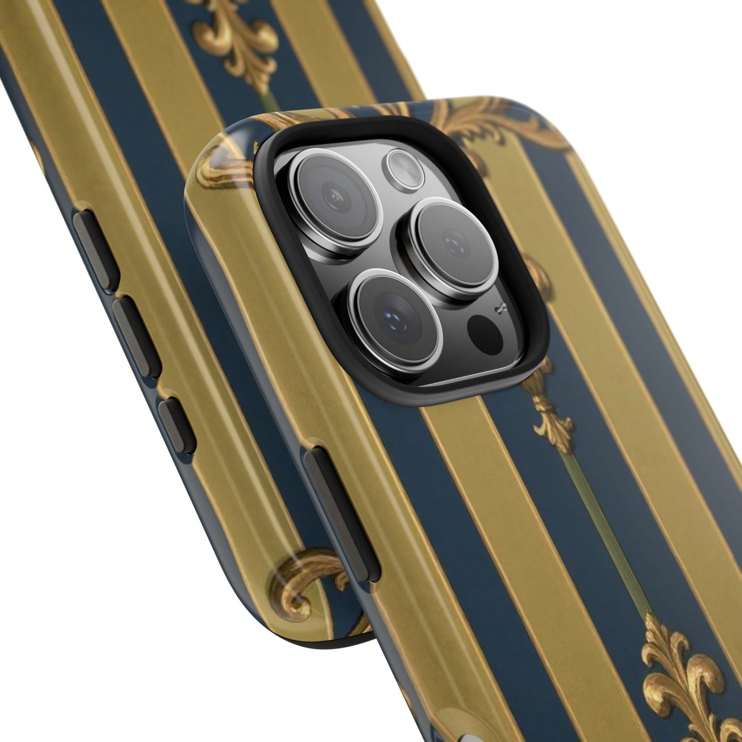 Elegant Midnight Blue & Olive Striped Gold Baroque Tough Phone Case, Phone Cover, Durable Case for Protection, Stylish Gift for Him/Her
