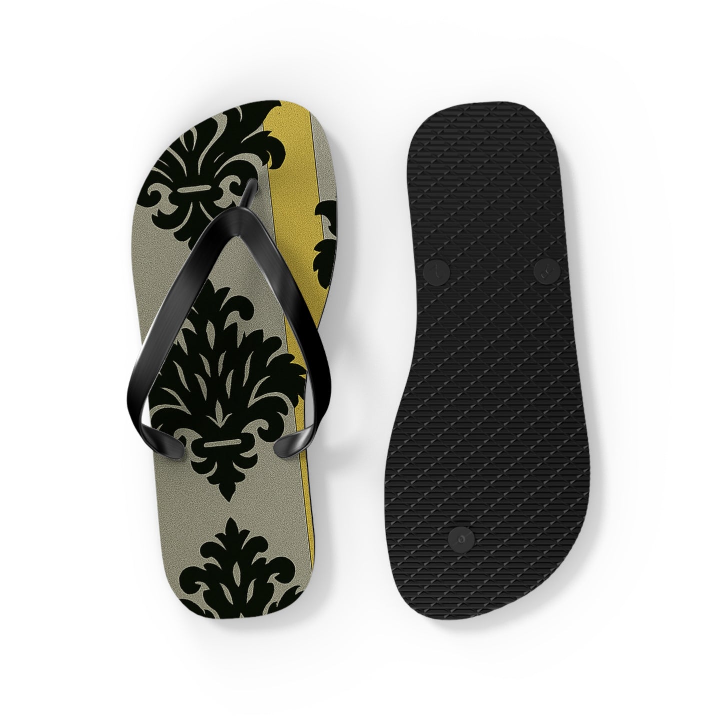 Stylish Flip Flops - Summer Sandals for Beach, Vacation, and Casual Wear - Silver & Gold Striped Black Baroque