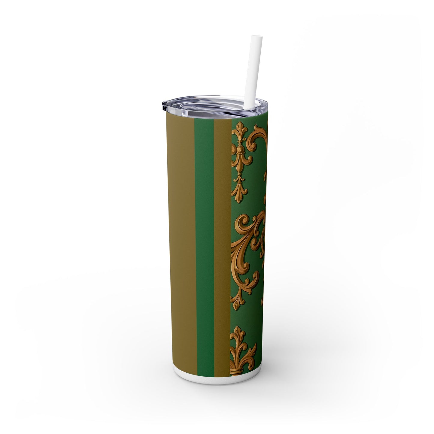 Elegant Green Pattern Skinny Tumbler with Straw, Stylish Drinkware, Gift for Her, Travel Mug, Home Decor, Floral Design - Olive Green Striped Rococo