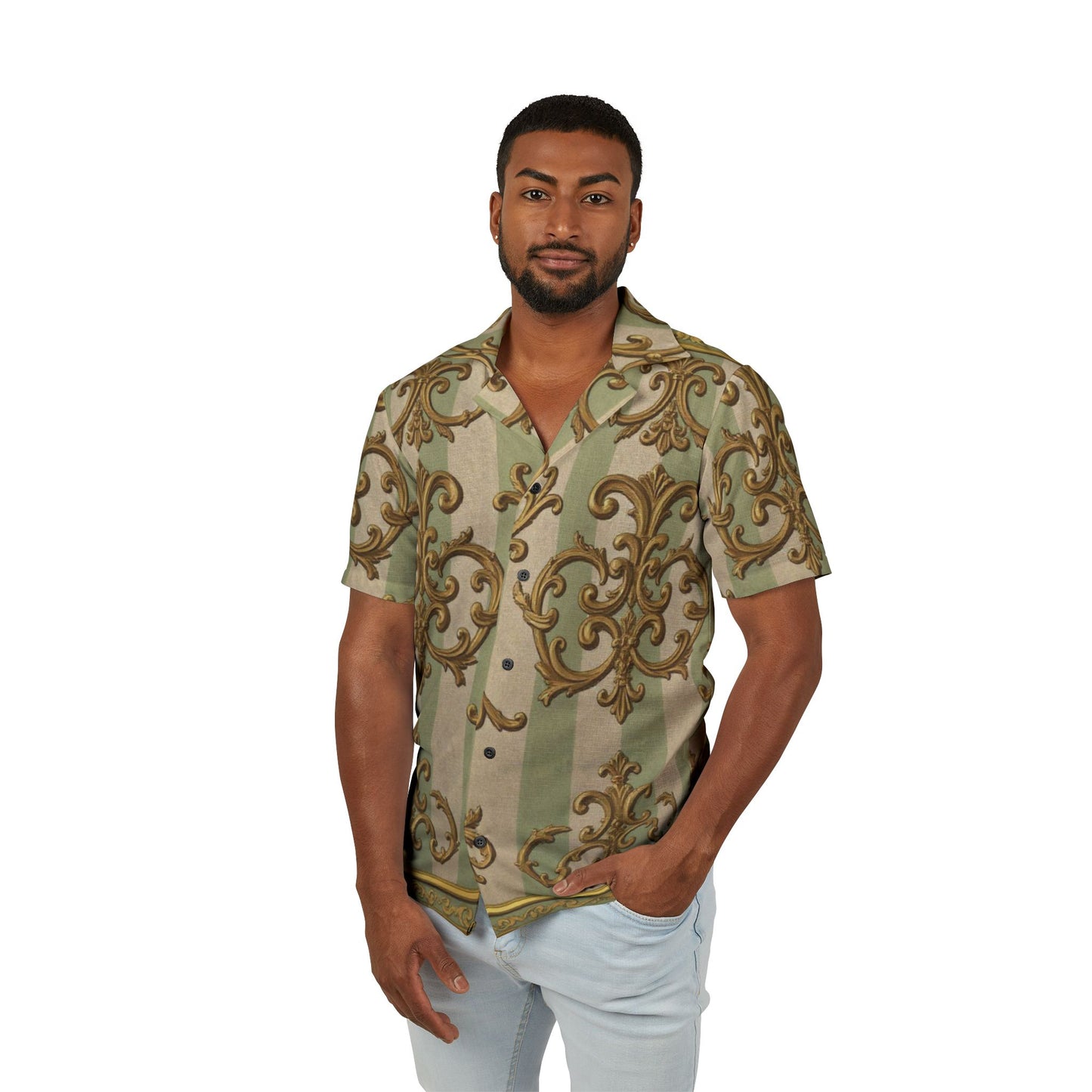 Stylish Men's Hawaiian Camp Shirt, Tropical Casual Shirt, AOP Patterned Top, Summer Vacation Wear - Mint & Beige Striped Gold Baroque