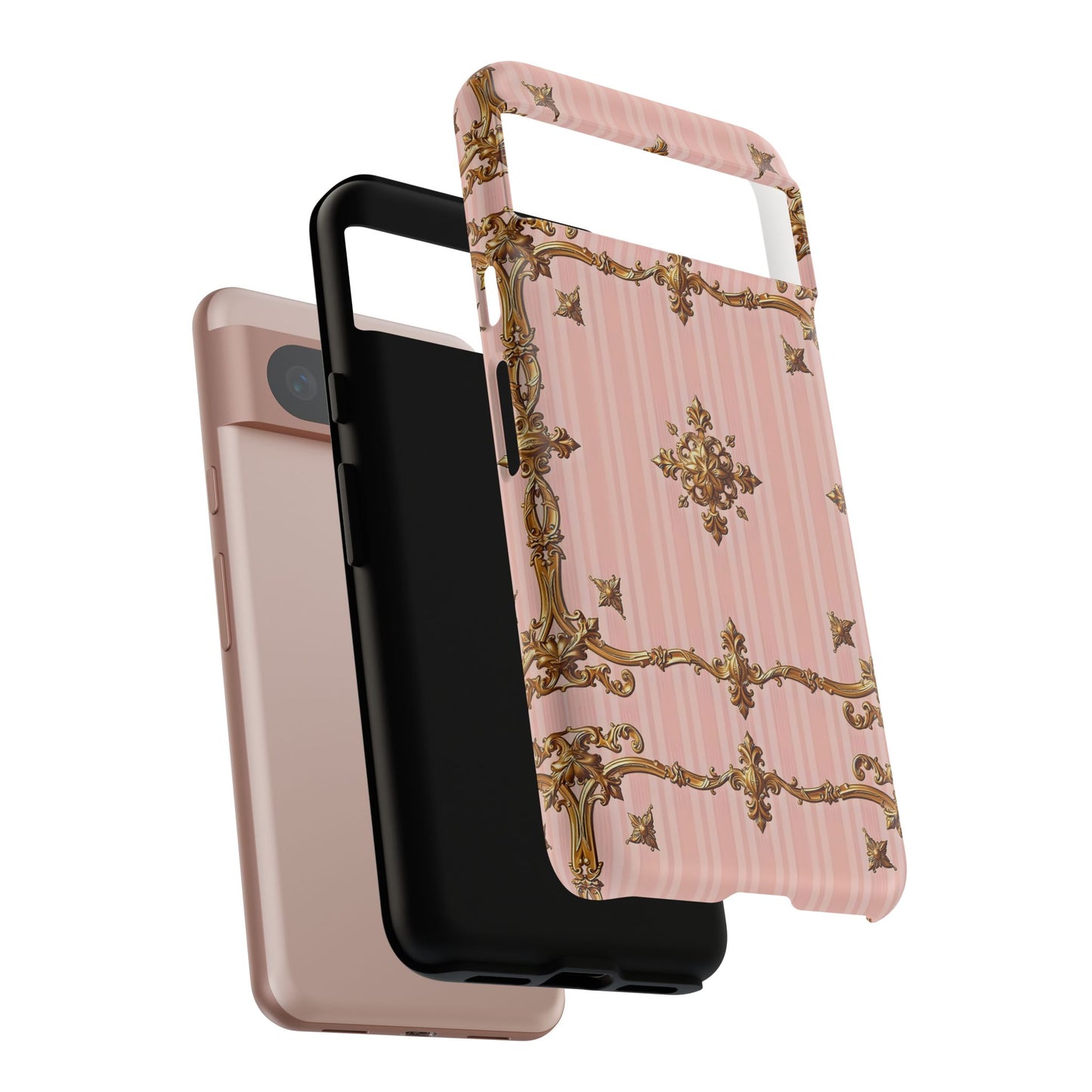 Elegant Floral Phone Case, Tough Cases for Women, Trendy Phone Cover, Chic Gift - Pink Striped Gold Baroque