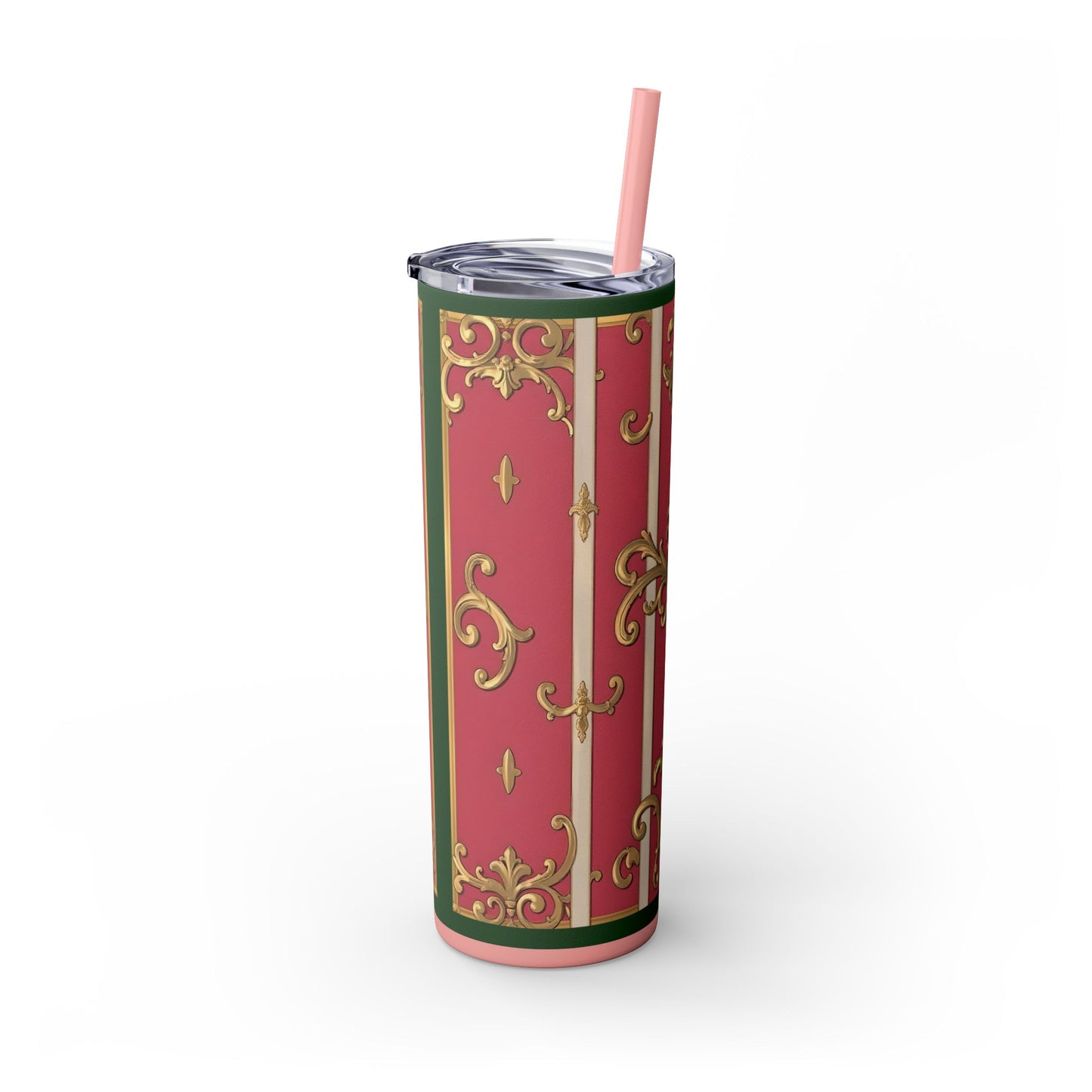 Elegant Green Border Pink Striped Baroque Skinny Tumbler with Straw, Reusable Travel Mug, Gift for Her, Fashionable Drinkware