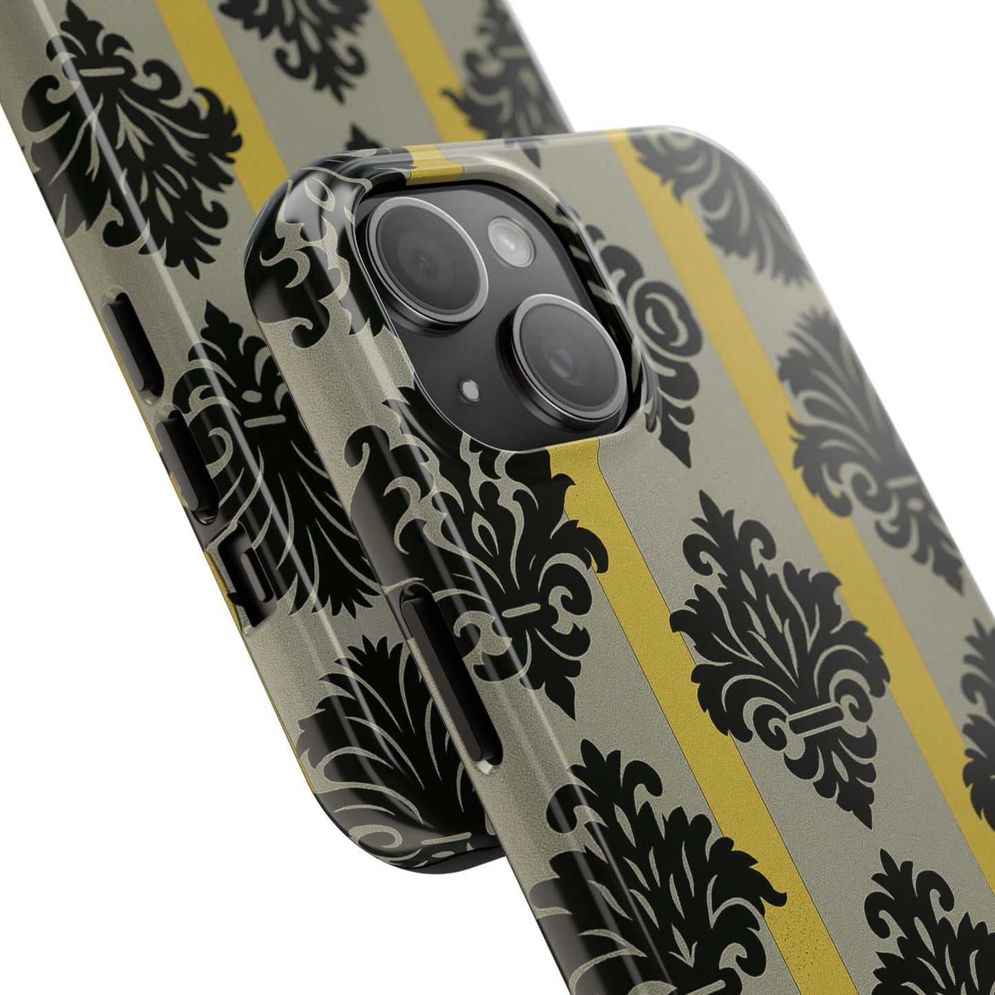 Elegant Baroque Tough Phone Cases | Chic Phone Protection | Gift for Her | Stylish Accessory | Holiday Gift Idea | Silver & Gold Striped Black Baroque
