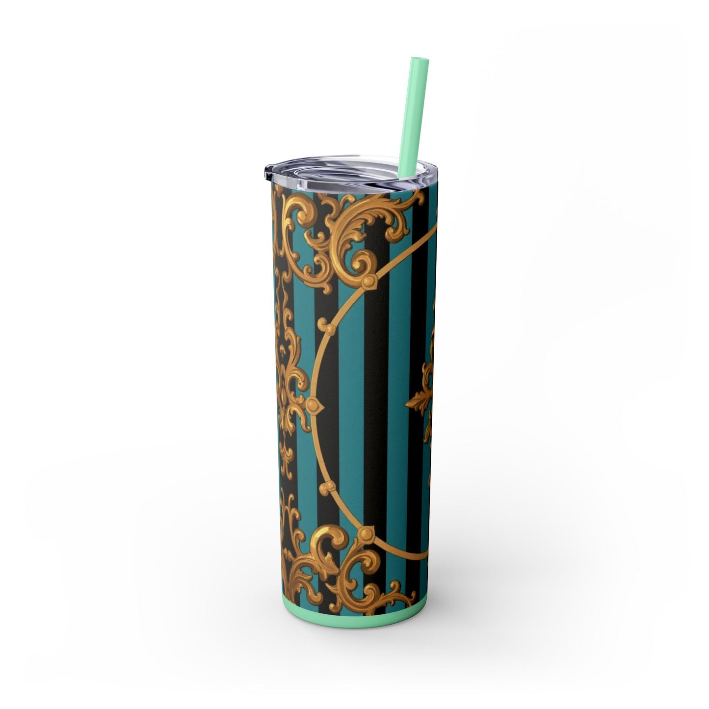 Elegant Turquoise & Black Striped Gold Baroque Skinny Tumbler with Straw, 20oz, Stylish Travel Mug, Party Favor, Birthday Gift, Drinkware