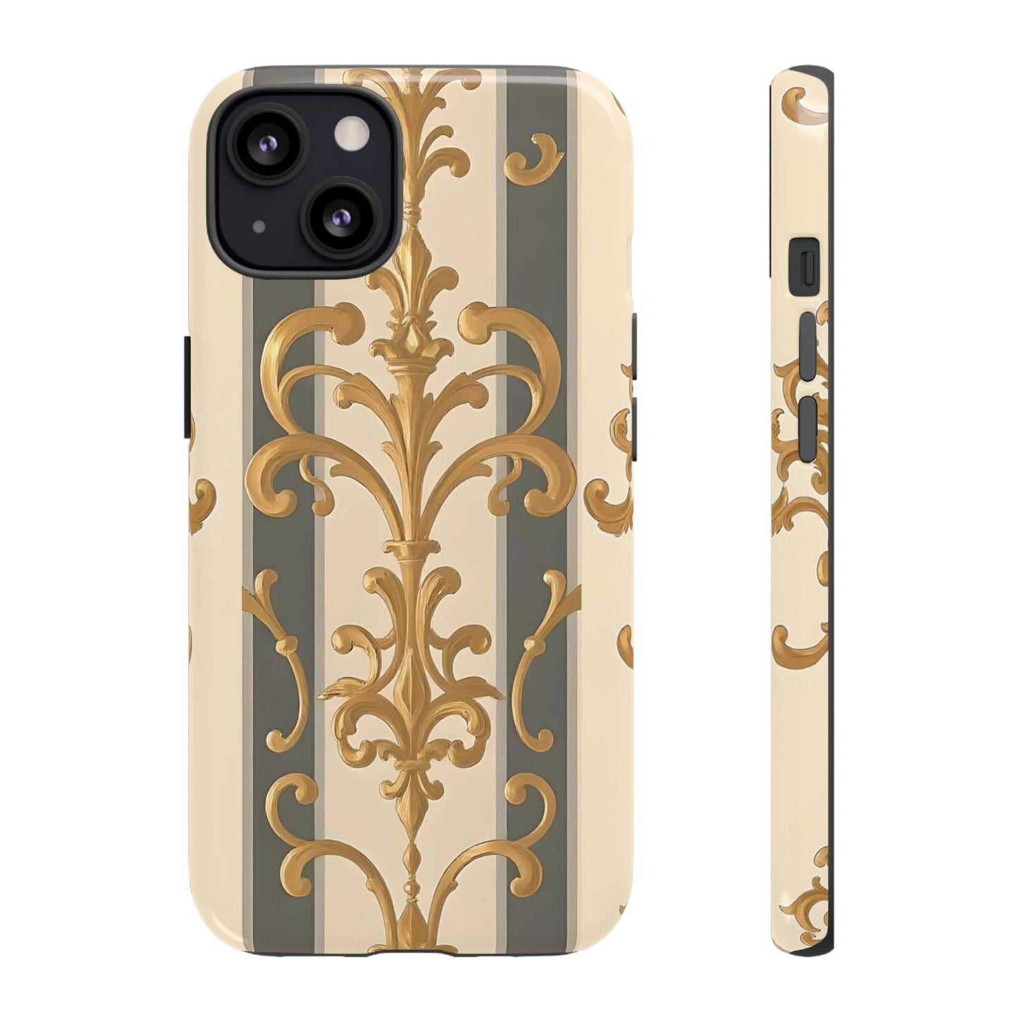 Elegant Floral Motif Phone Case - Tough Cases with Vintage Design - Dusk Olive Striped Gold Damask