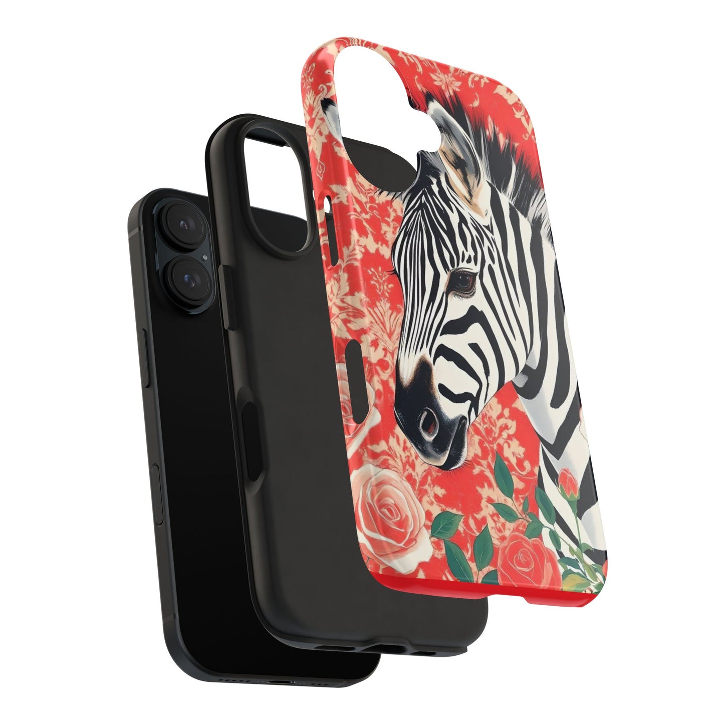 Zebra Tough Phone Case - Trendy Floral Design for Animal Lovers - Zebra With Coral Roses & Damask