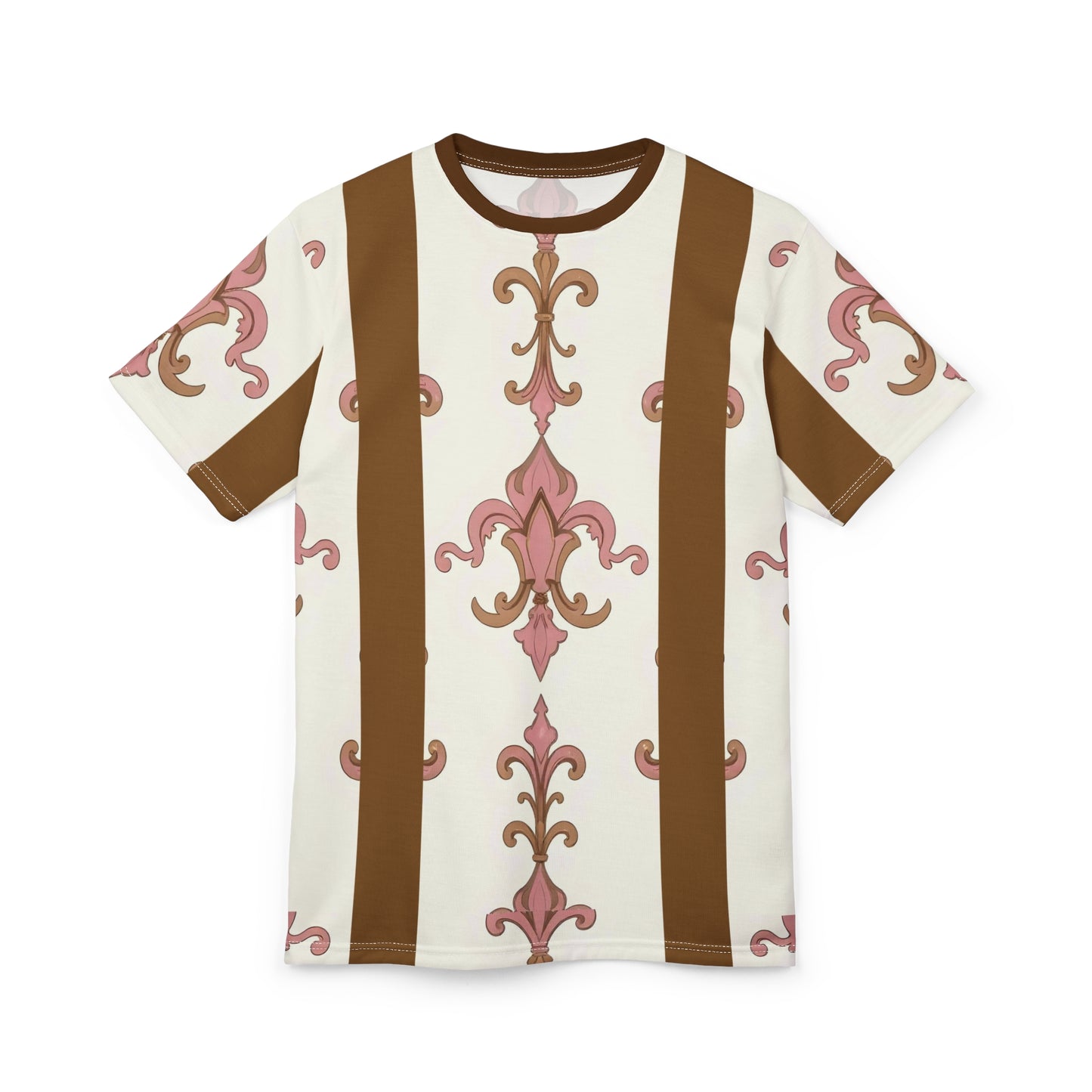 Elegant Floral Unisex Tee, Trendy Graphic Tee, AOP T-Shirt for Casual Wear, Gift for Her & Him - Brown Striped Pink Arabesque