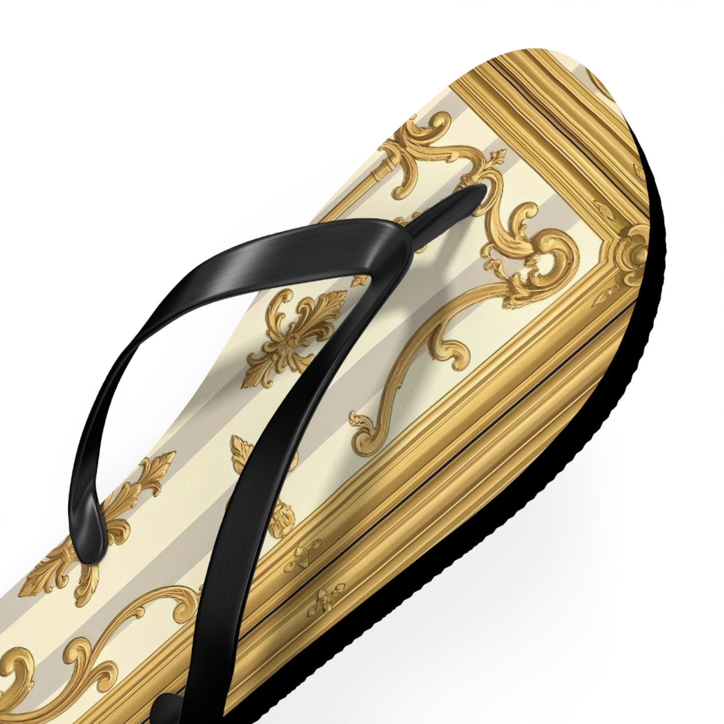 Chic Decorative Flip Flops for Beach, Summer Vibes, Vacation Footwear, Luxury Poolside Slippers - Matte Gray & Cream Striped Gold Baroque