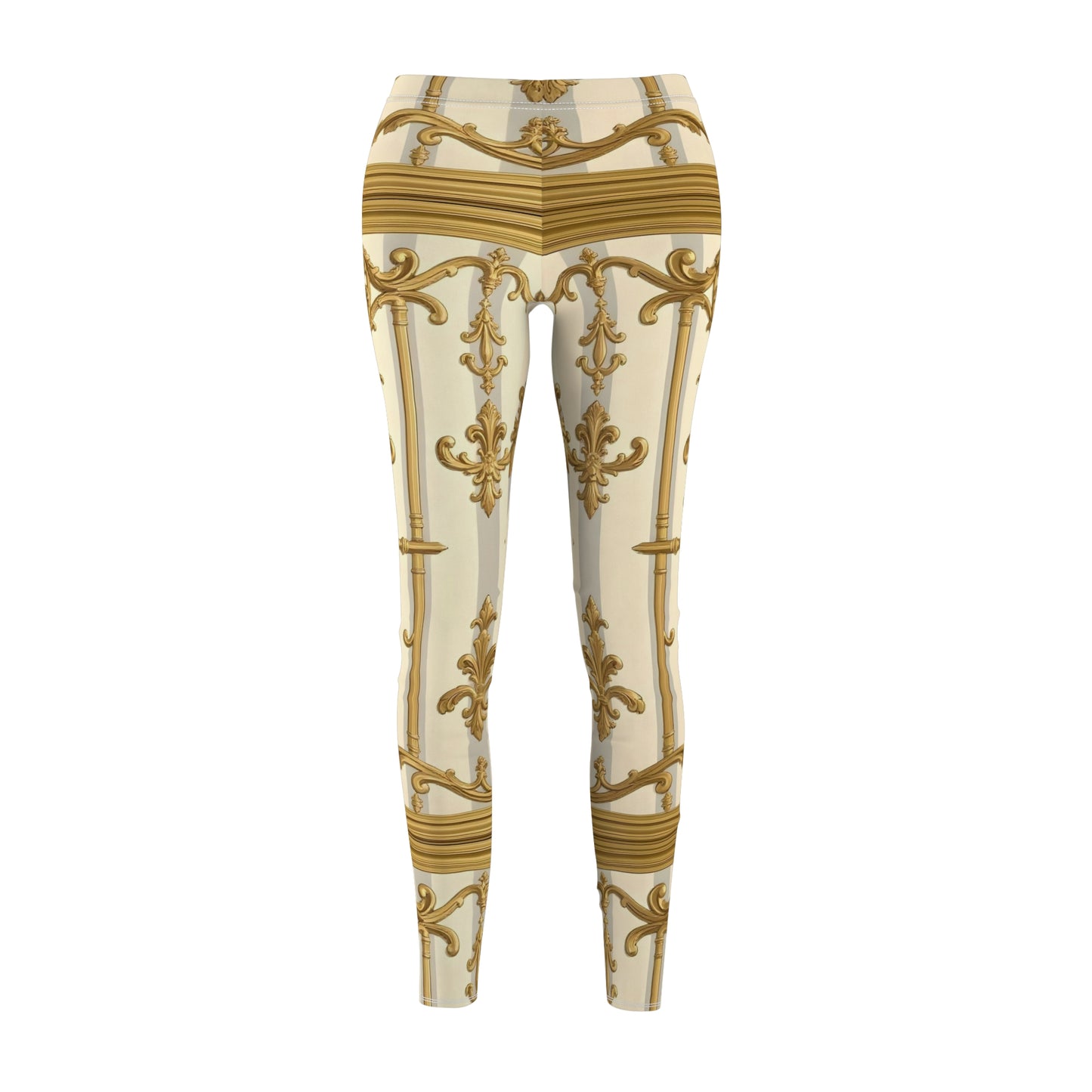 Elegant Gold Pattern Women's Leggings, Chic Fashion Trousers, Casual Wear, Athleisure Pants - Matte Gray & Cream Striped Gold Baroque