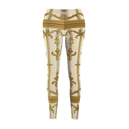 Elegant Gold Pattern Women's Leggings, Chic Fashion Trousers, Casual Wear, Athleisure Pants - Matte Gray & Cream Striped Gold Baroque