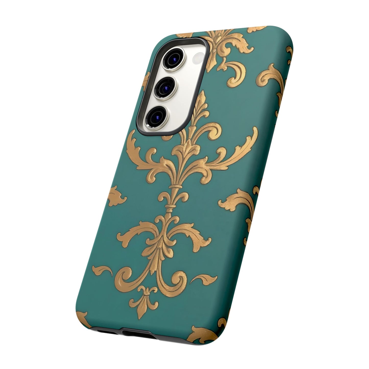 Elegant Floral Motif Phone Case - Tough Cases with Vintage Design - Aqua & Gold Damask