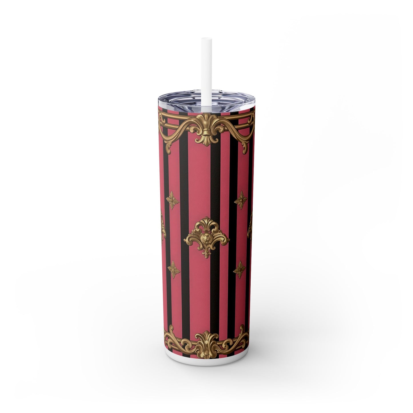 Elegant Pink Striped Skinny Tumbler with Straw, 20oz, Stylish Drinkware, Custom Gift Idea, Travel Mug, Wedding Gift - Pink Striped Gold Rococo