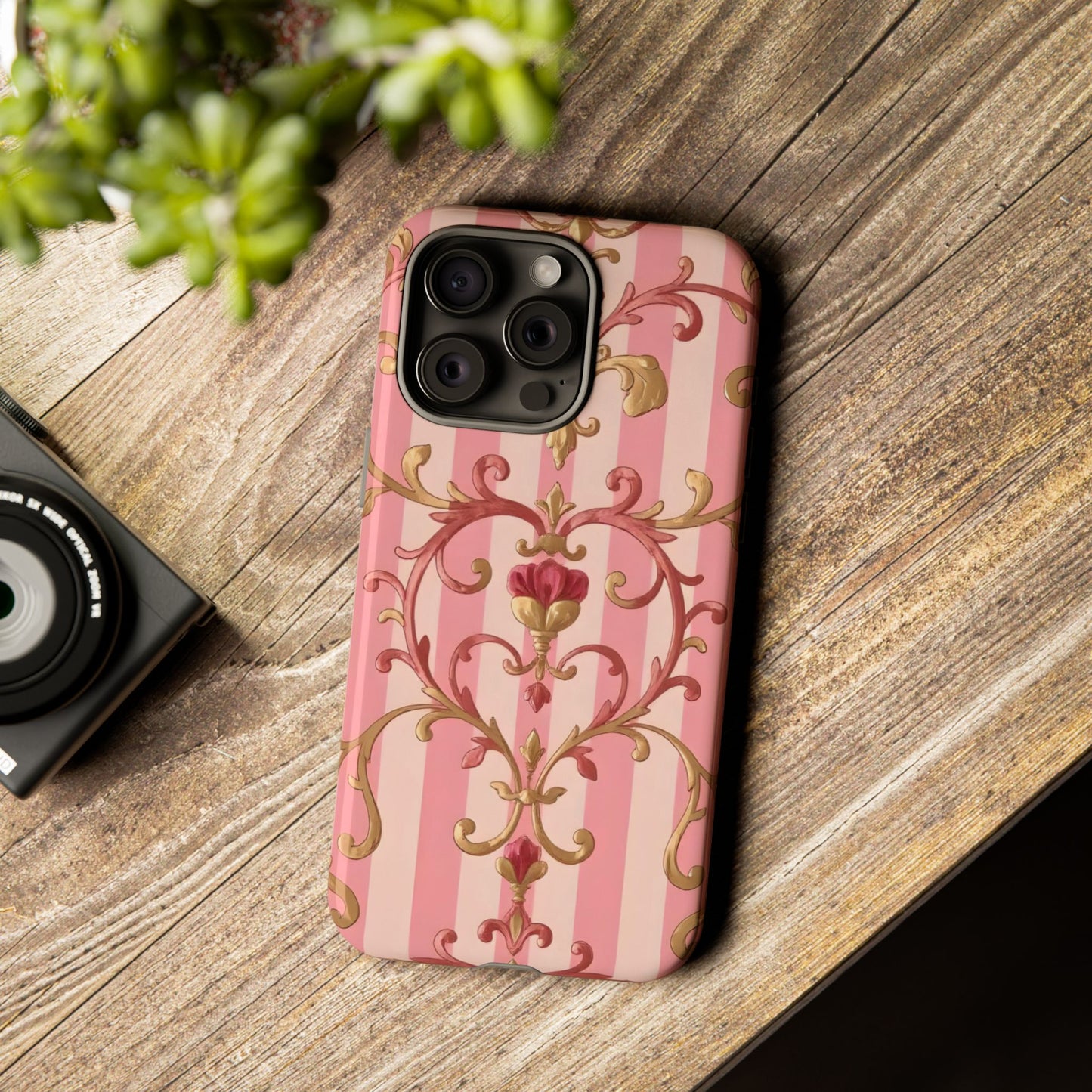 Elegant Floral Motif Phone Case - Tough Cases with Vintage Design - Pink Striped Rose Gold Damask