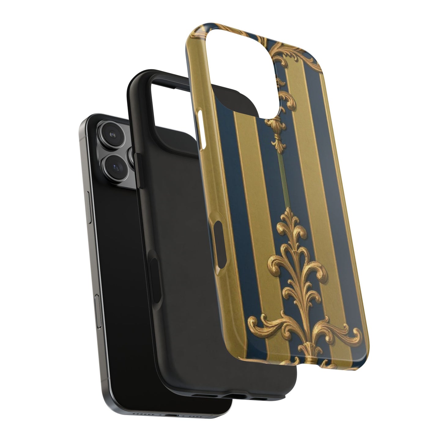 Elegant Midnight Blue & Olive Striped Gold Baroque Tough Phone Case, Phone Cover, Durable Case for Protection, Stylish Gift for Him/Her