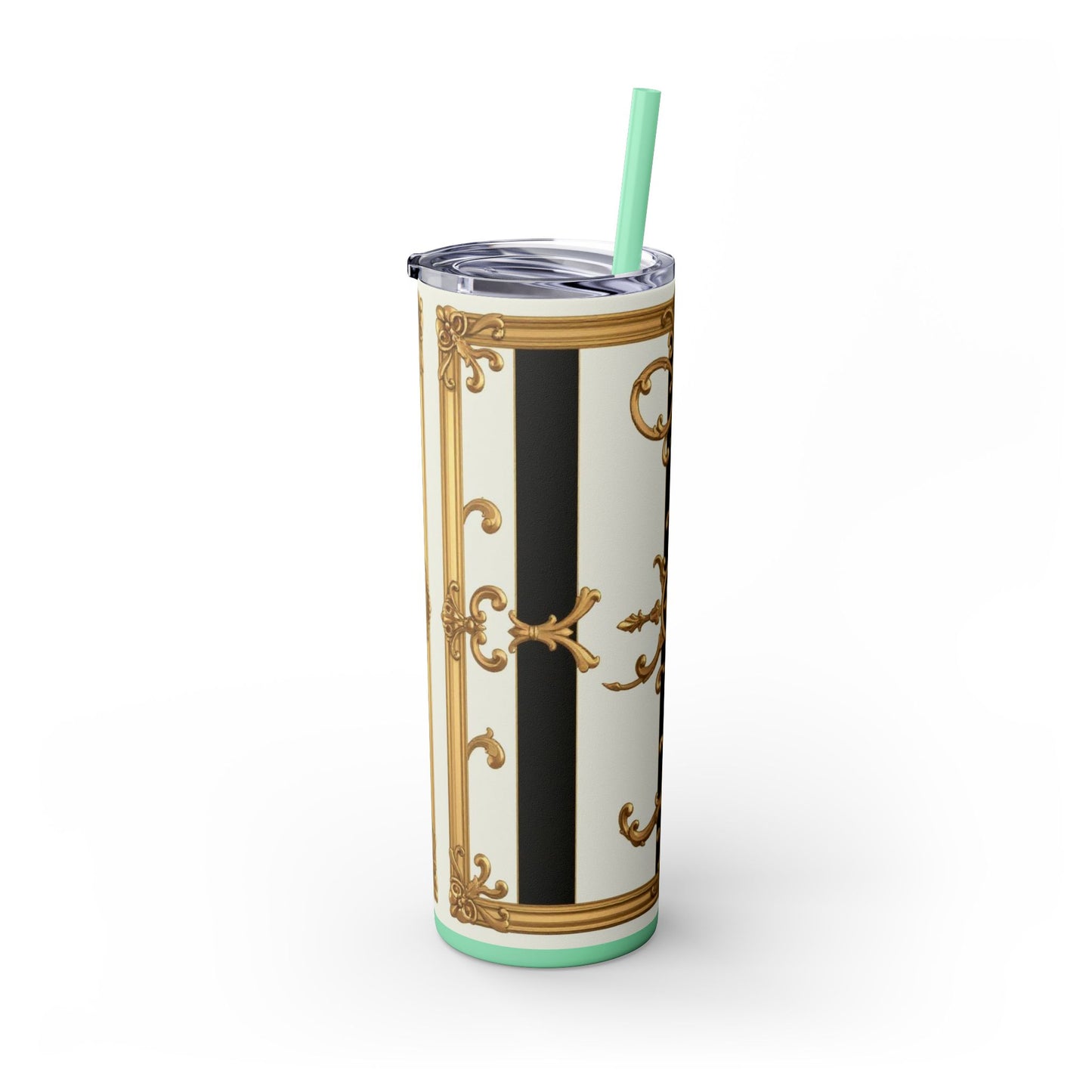Elegant Gold Accents Skinny Tumbler, 20oz - Stylish Drinkware for Weddings, Parties, Gifts, or Everyday Use - Black & White Striped Gold Baroque