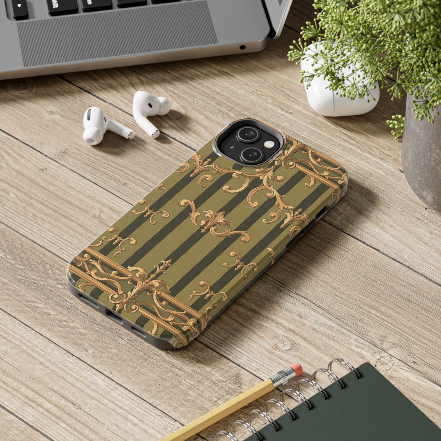 Elegant Vintage Phone Case - Tough Protection with Classy Design, Stylish Phone Cover for Fashion Lovers - Olive Green Striped Rococo