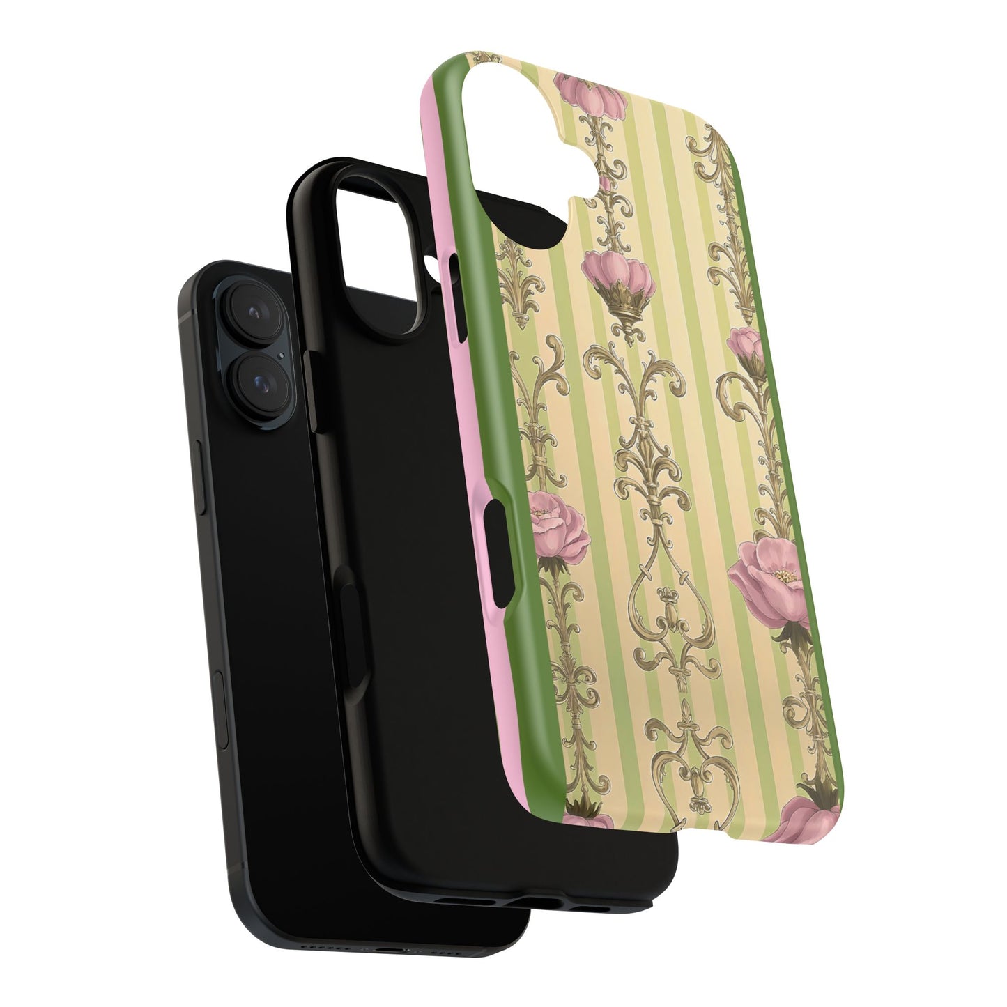 Elegant Floral Motif Phone Case - Tough Cases with Vintage Design - Lime Green & Pink Striped Damask
