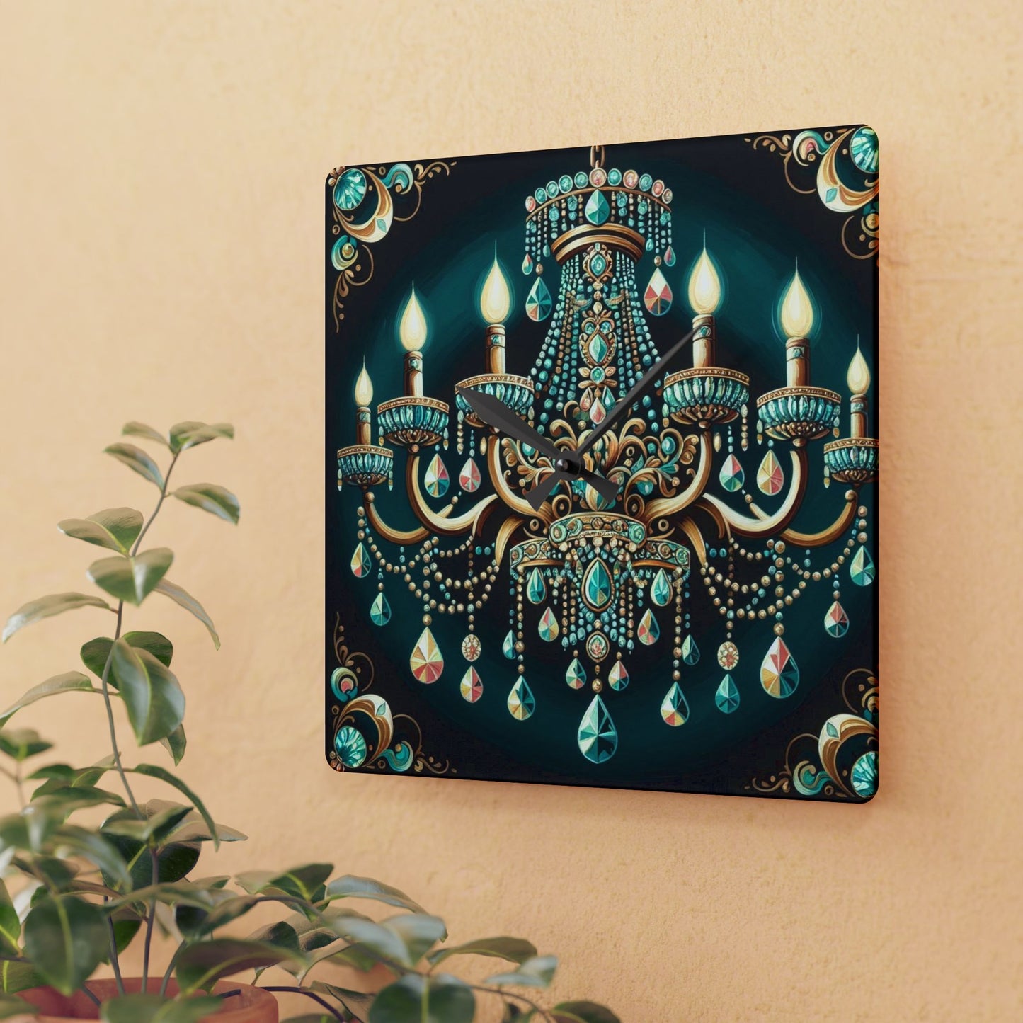 Acrylic Wall Clock - Teal Jeweled Chandelier