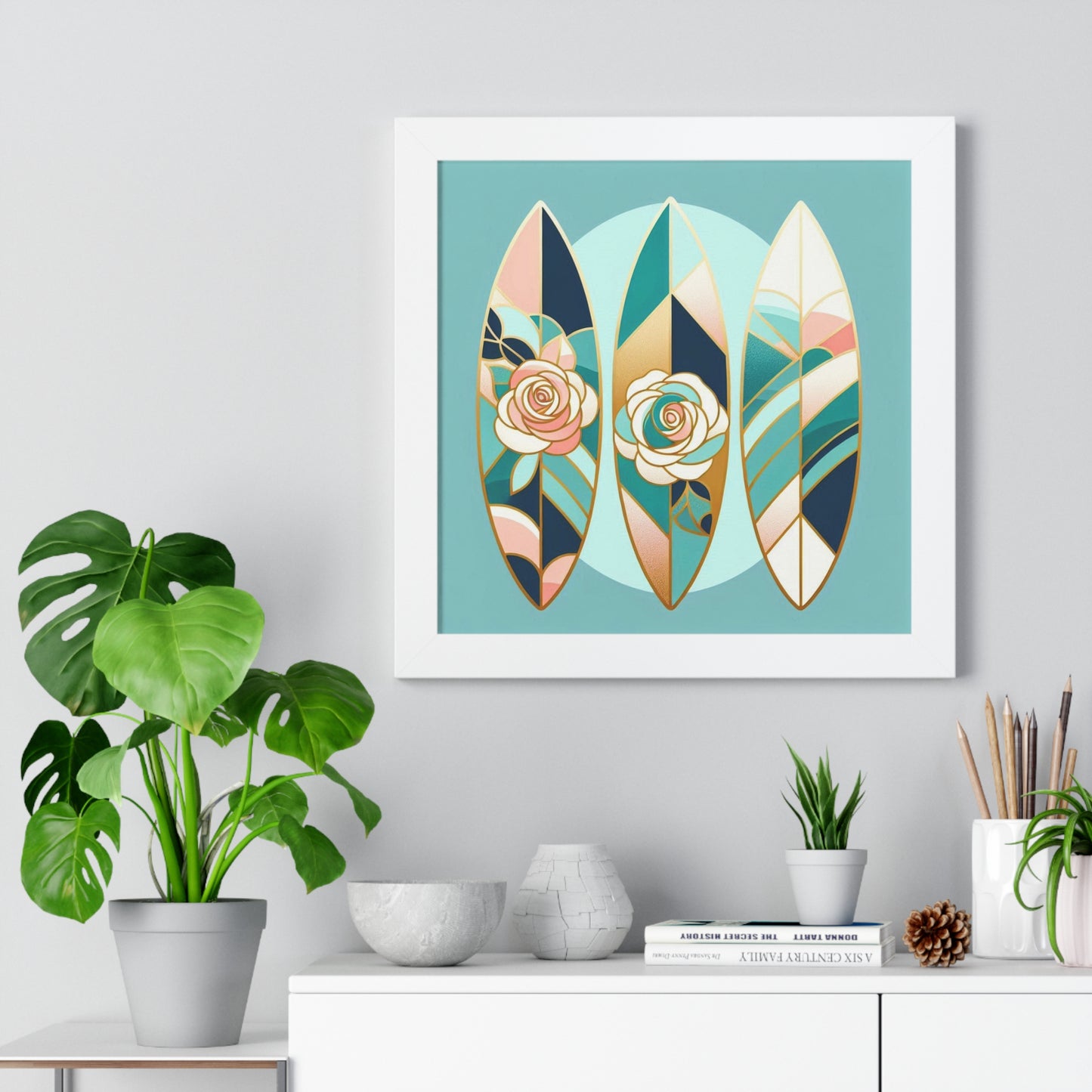 Vertical Poster - Blue, Pink & Aqua Surfboard & Roses Wall Art