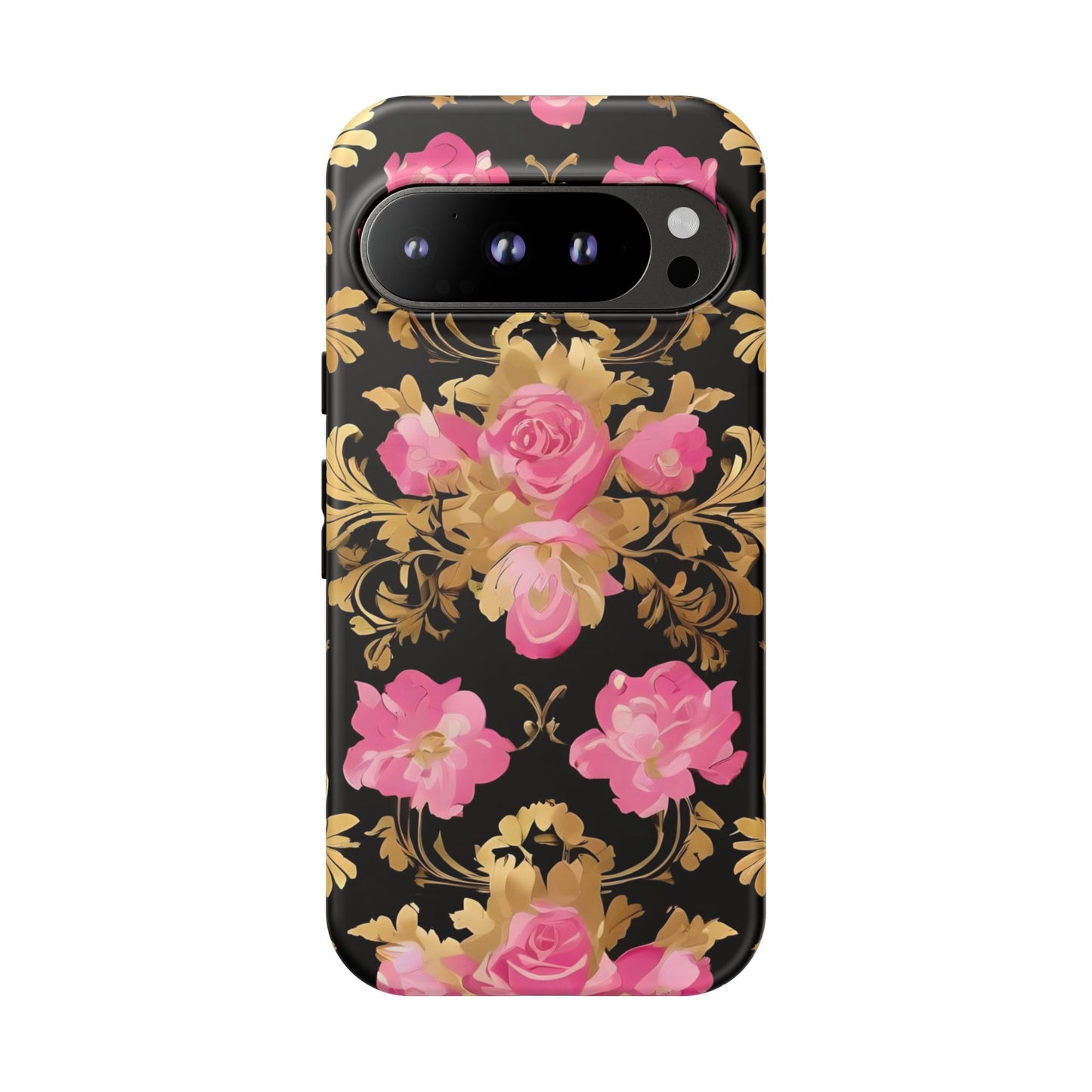 Elegant Floral Motif Phone Case - Tough Cases with Vintage Design - Pink & Gold Roses