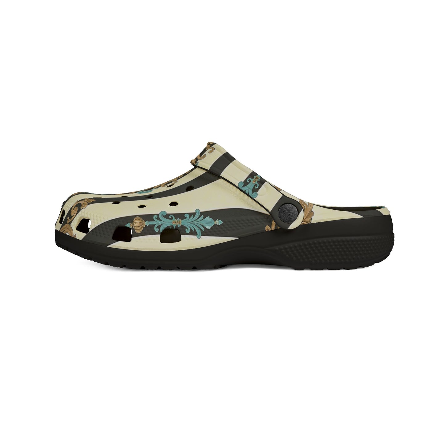 Stylish Floral EVA Foam Clogs – Comfortable & Durable Outdoor Footwear, Slip-On Comfort - Black Striped Turquoise & Black Rococo