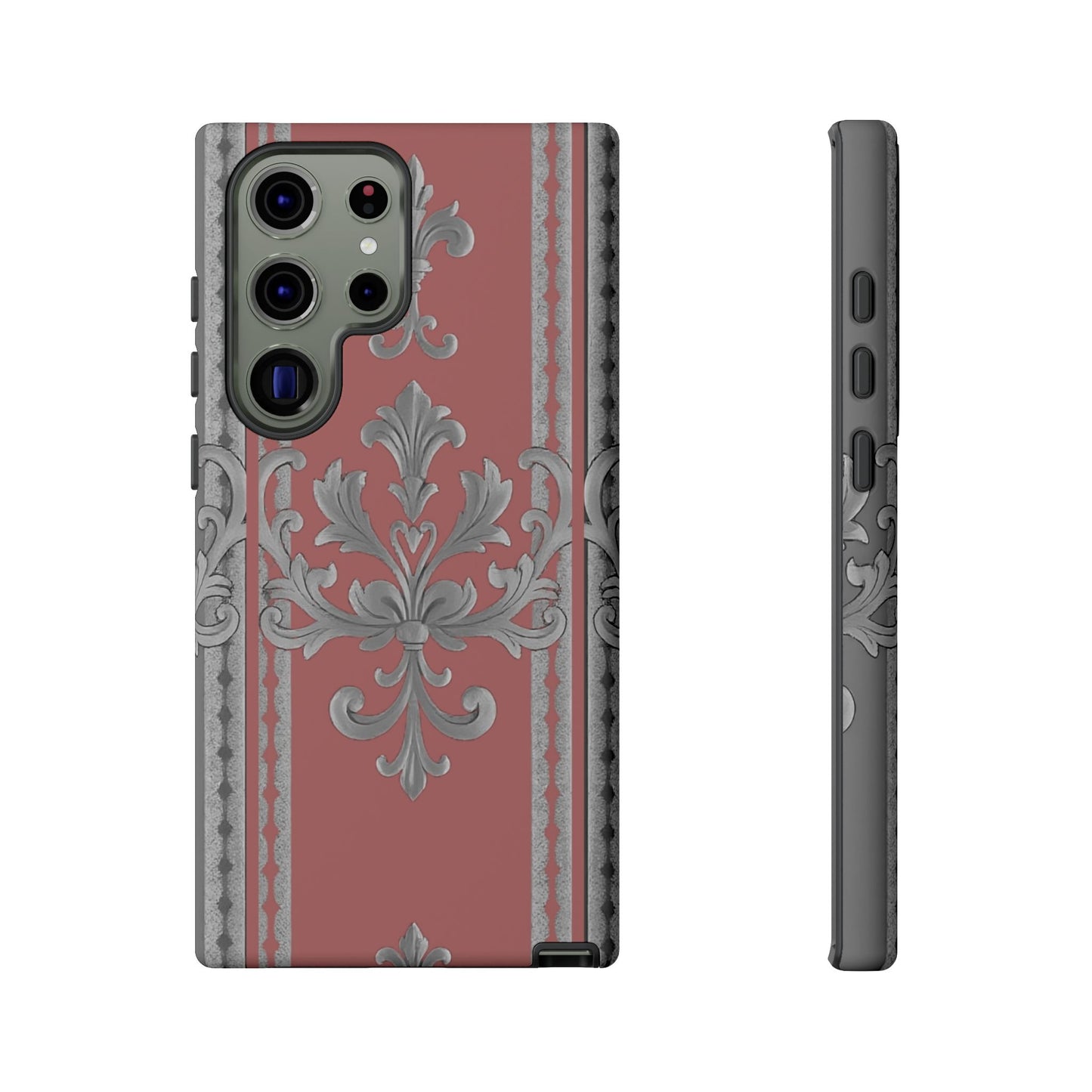 Elegant Floral Phone Case - Tough Cases for Stylish Protection - Gray & Mauve Striped Baroque