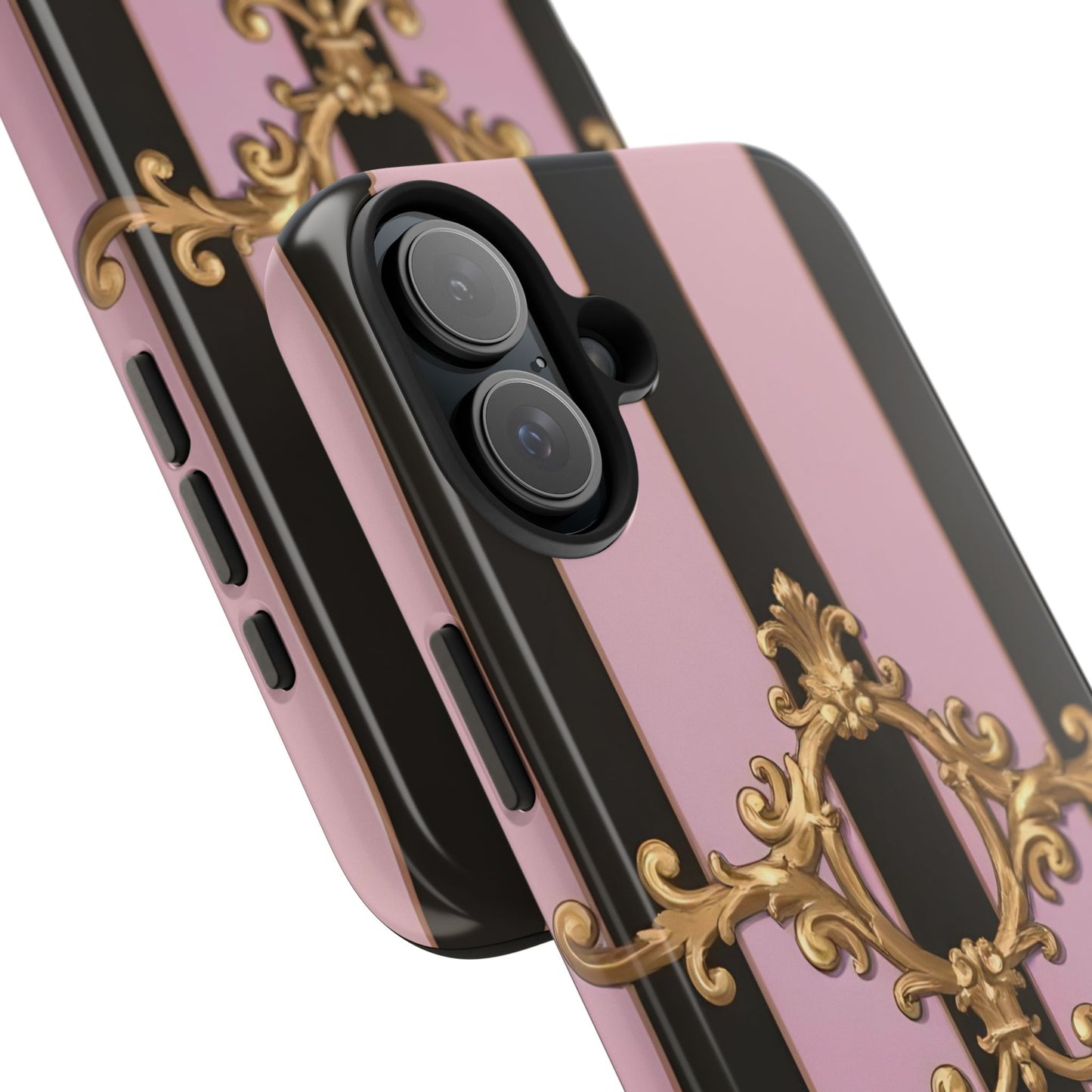 Stylish Tough Phone Case for Elegant Protection, Fashionable Accessories, Smartphone Cover - Matte Lavender & Black Striped Gold Baroque
