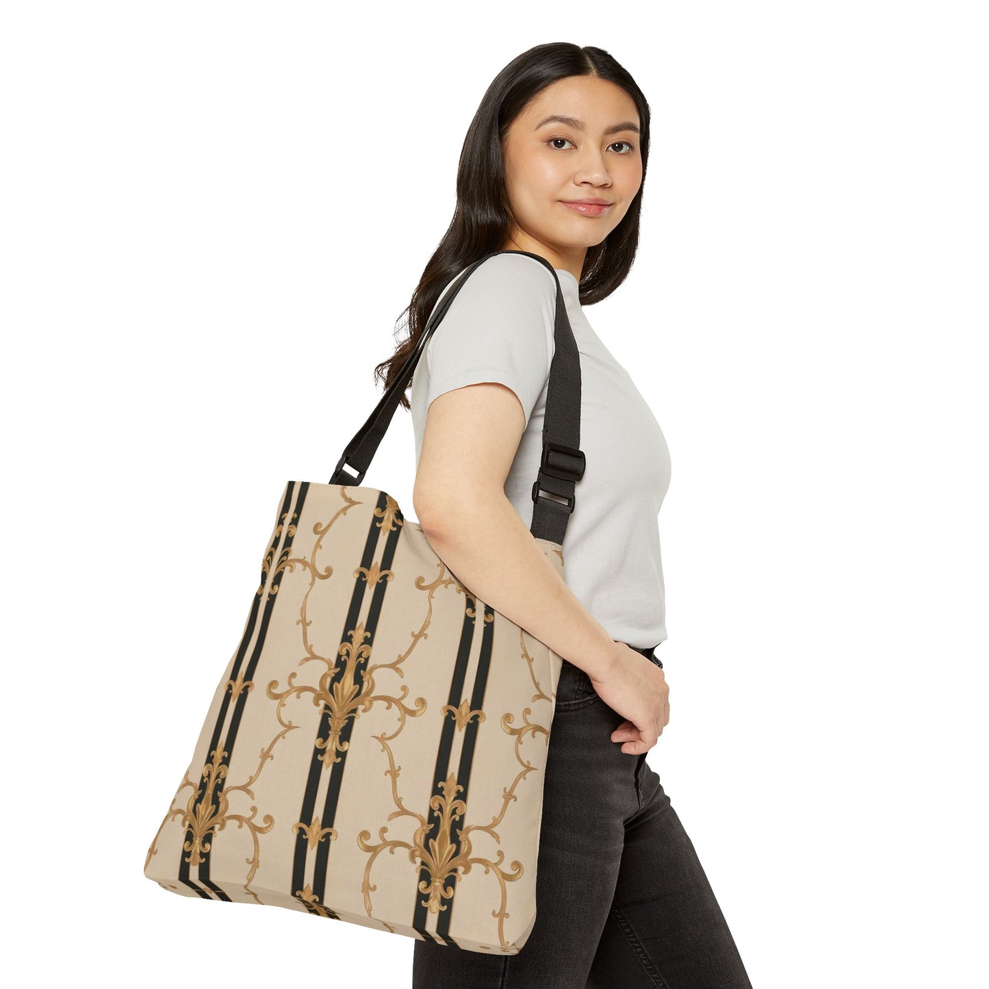 Elegant Adjustable Tote Bag, Stylish Shoulder Bag, Versatile Carryall, Fashionable Gift, Chic Everyday Tote - Black & Beige Striped Damask