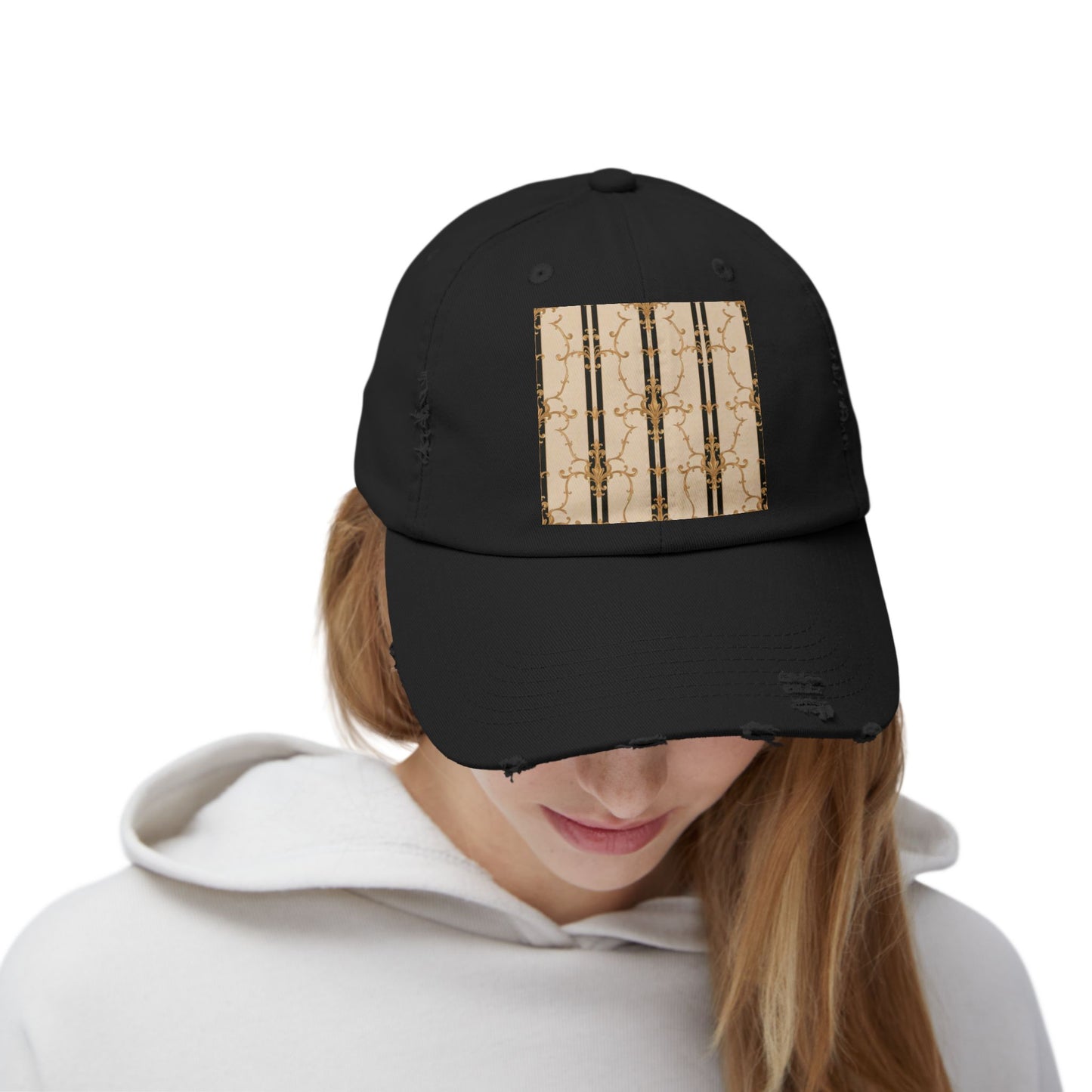 Chic Distressed Cap, Trendy Unisex Hat, Casual Summer Accessory, Perfect Gift for Fashion Lovers - Black & Beige Striped Damask