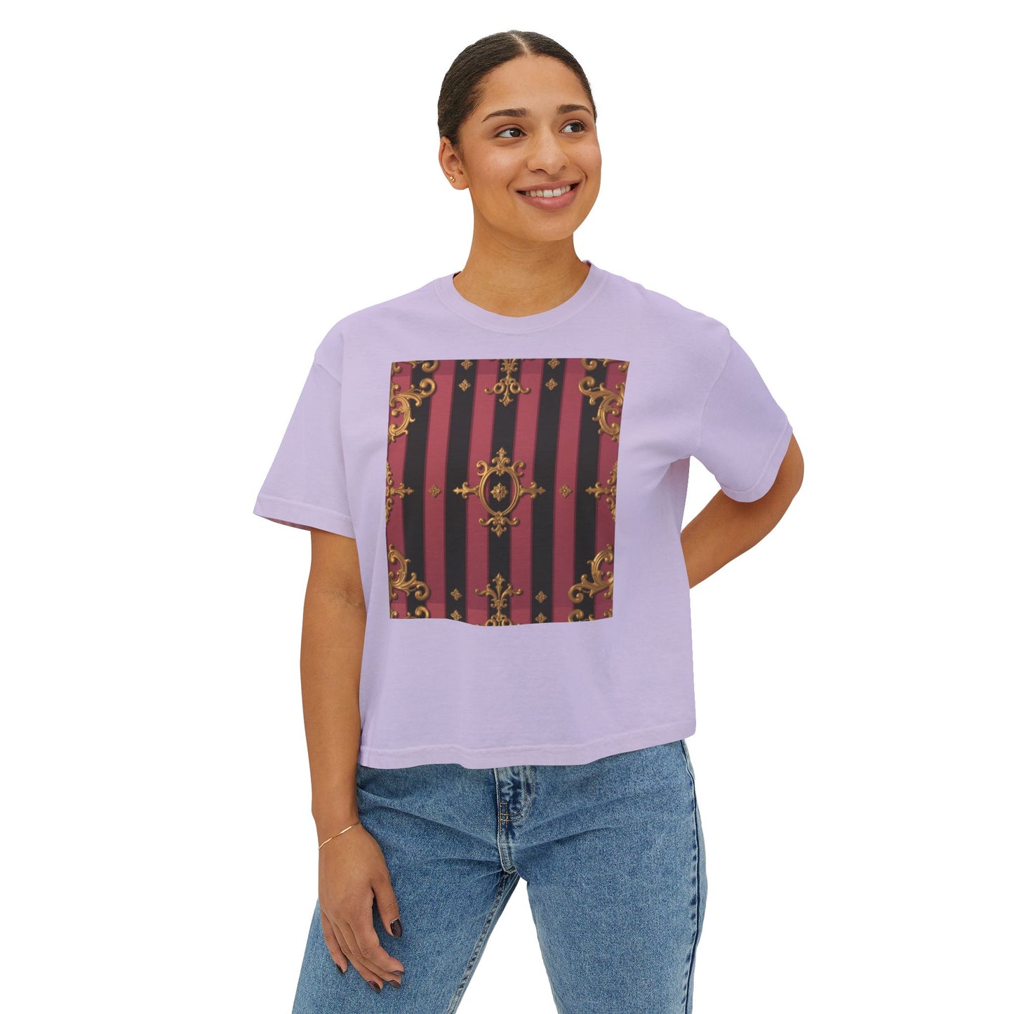 Black & Mauve Striped Gold Baroque Women's Boxy Tee, Vintage Style Top, Casual Fashion Tee, Oversized Graphic Shirt