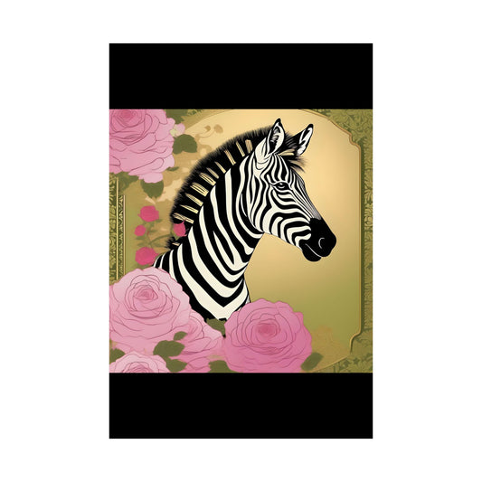 Floral Art Poster - Elegant Matte Vertical Wall Decor - Zebra With Roses In Pink & Olive