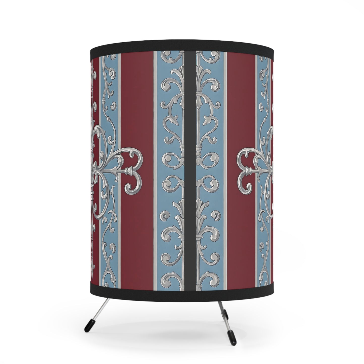 Elegant Tripod Lamp with Vintage Floral Design - Ice Blue & Burgundy Striped Baroque