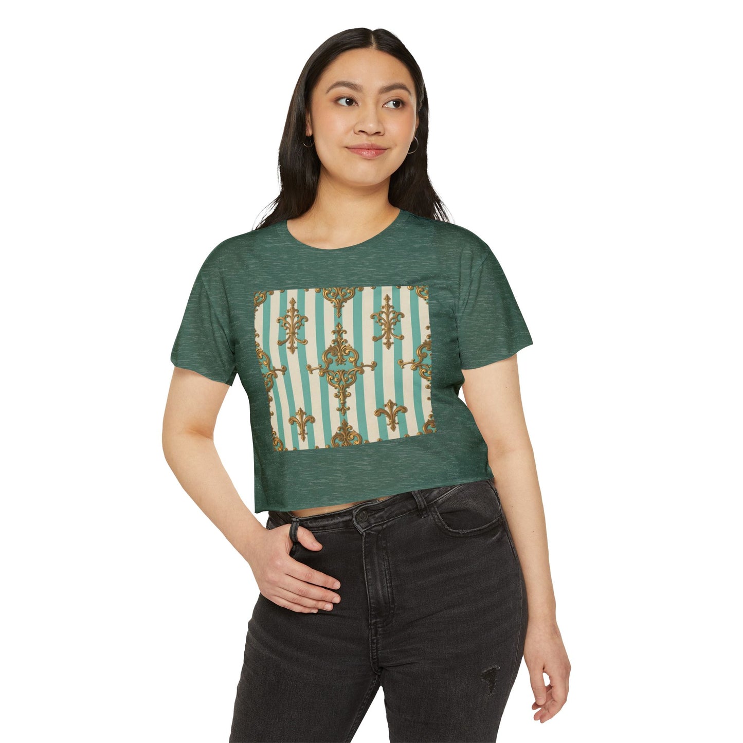 Boho Chic Women's Festival Crop Top - Trendy Summer Wear, Beach Party Fashion - Matte Green Striped Rococo