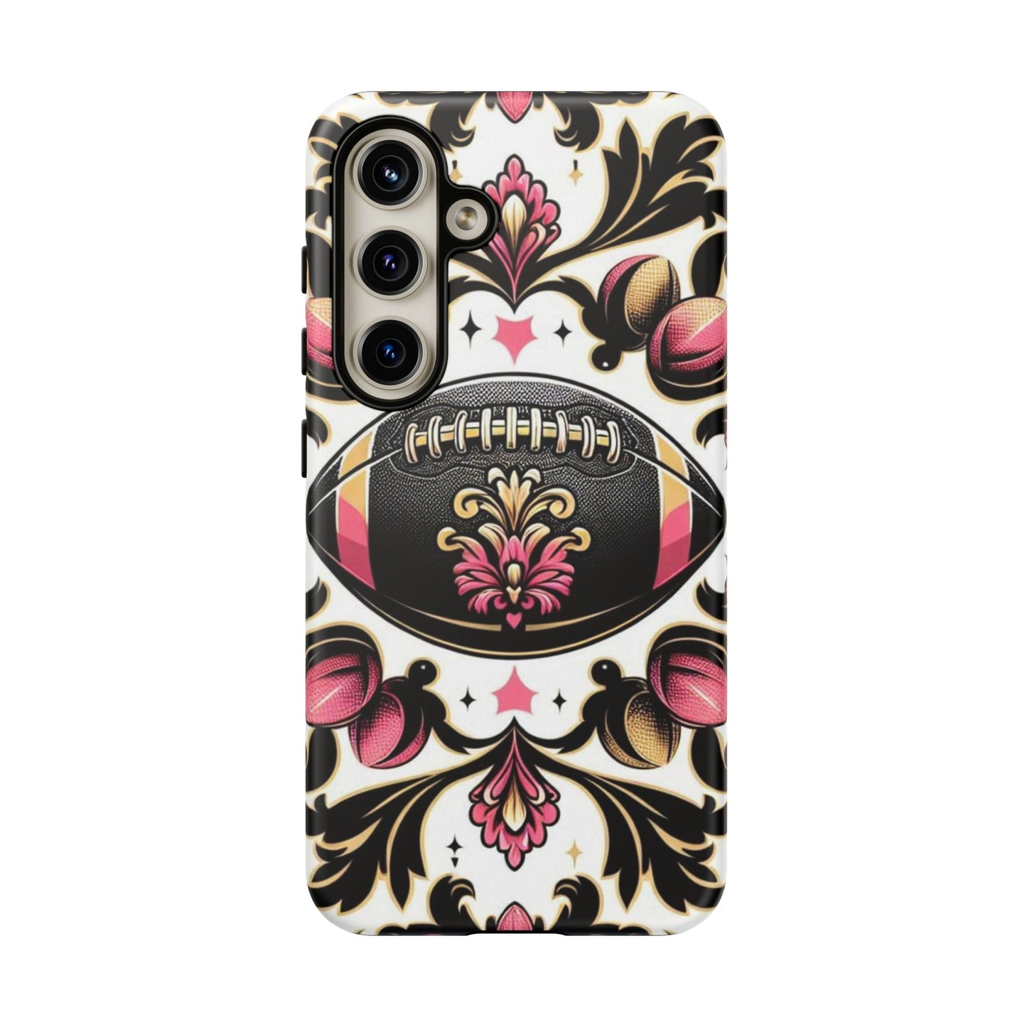Elegant Floral Motif Phone Case - Tough Cases with Vintage Design - Damask White, Pink Gold & Black Football