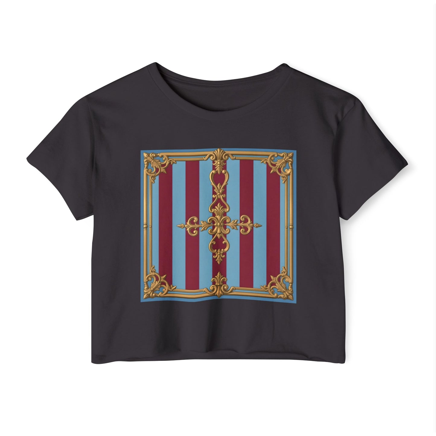Women's Baroque Festival Crop Top, Summer Crop Tee, Casual Festival Wear, Concert Top, Eco-Friendly Fashion - Sky Blue & Maroon Striped Baroque