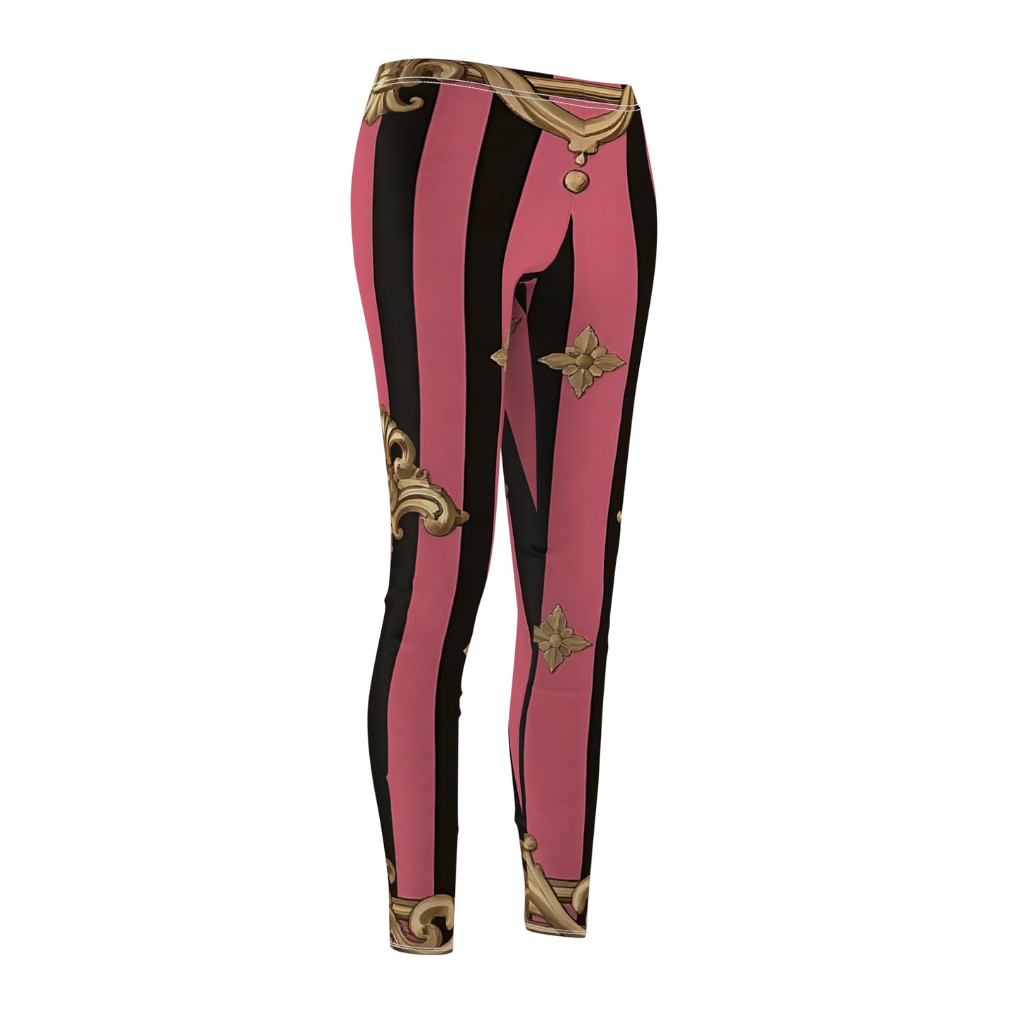 Trendy Women's Casual Leggings, Stylish Activewear, Fashion Leggings, Unique Print Yoga Pants, Gift for Her - Pink Striped Gold Rococo
