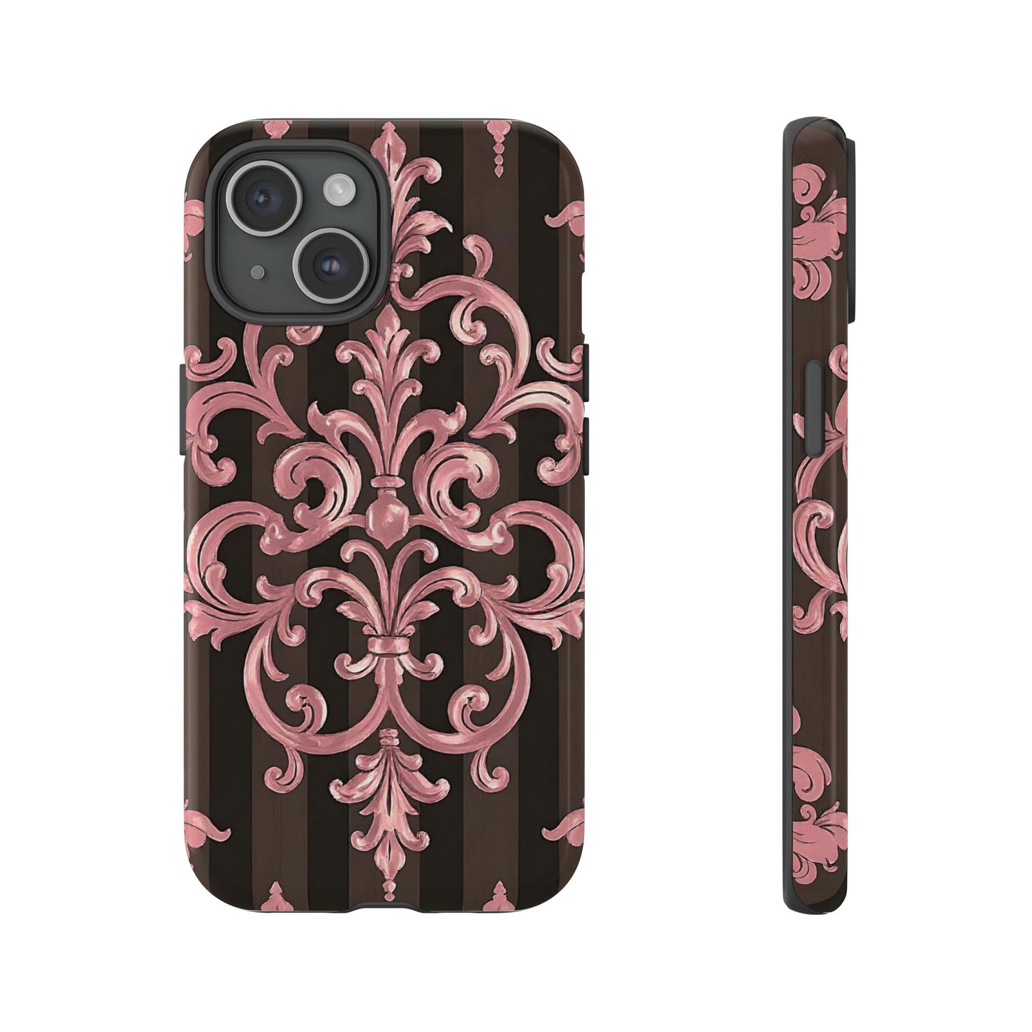 Elegant Floral Motif Phone Case - Tough Cases with Vintage Design - Brown Striped Mauve Damask