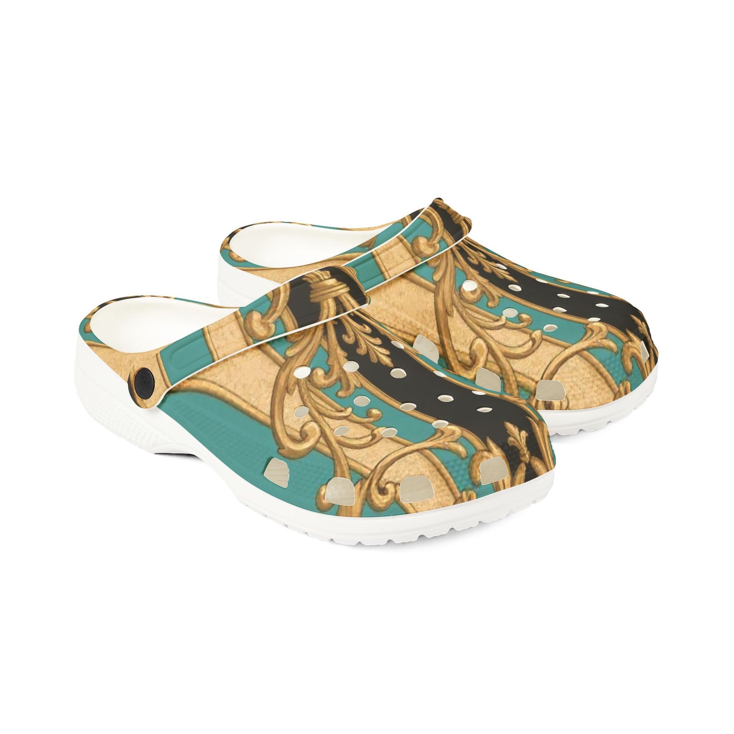 Stylish Black, Tan & Ocean Green Striped Gold Baroque  EVA Foam Rubber Clogs, Trendy Garden Shoes, Fashionable Slip-Ons