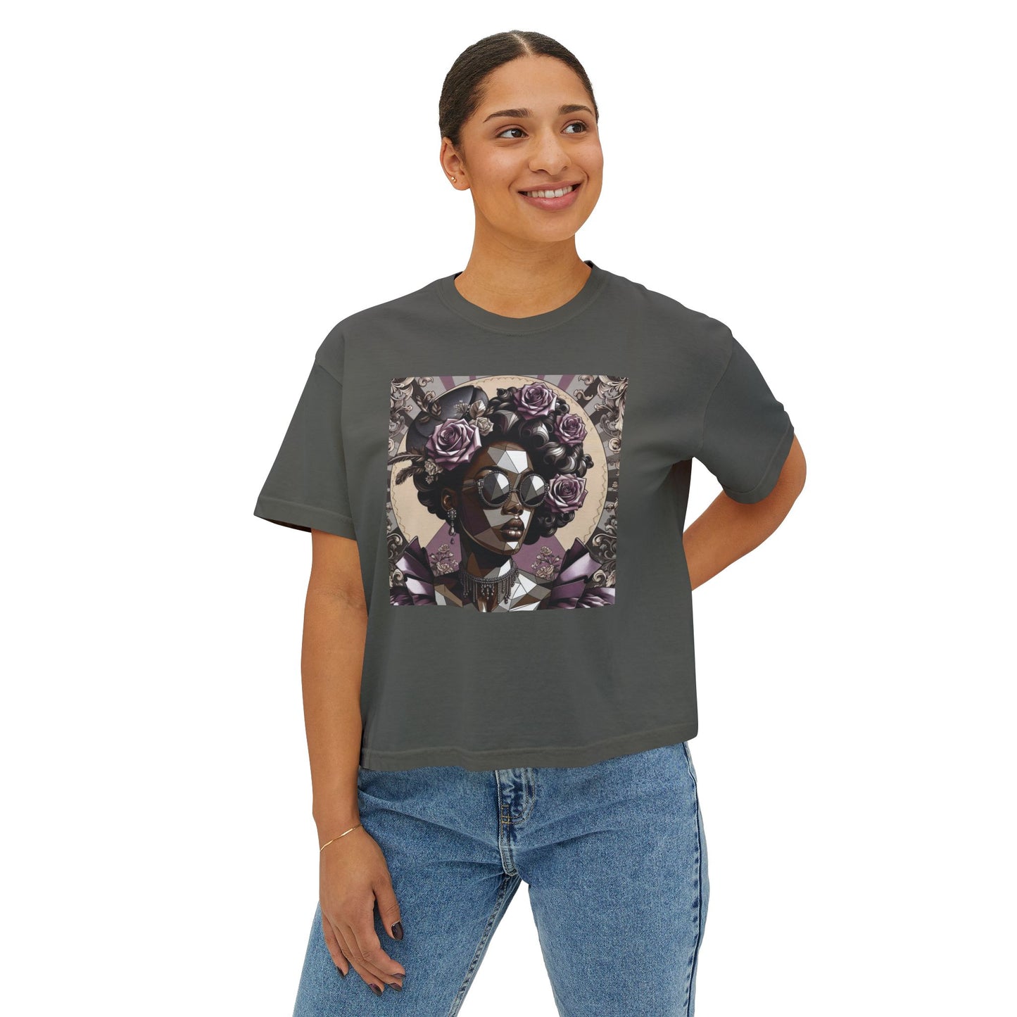Afro Art Women's Boxy Tee, Casual Summer Fashion, Poly Art Style Top, Gifts for Her, Festival Wear - Lilac Baroque Lady