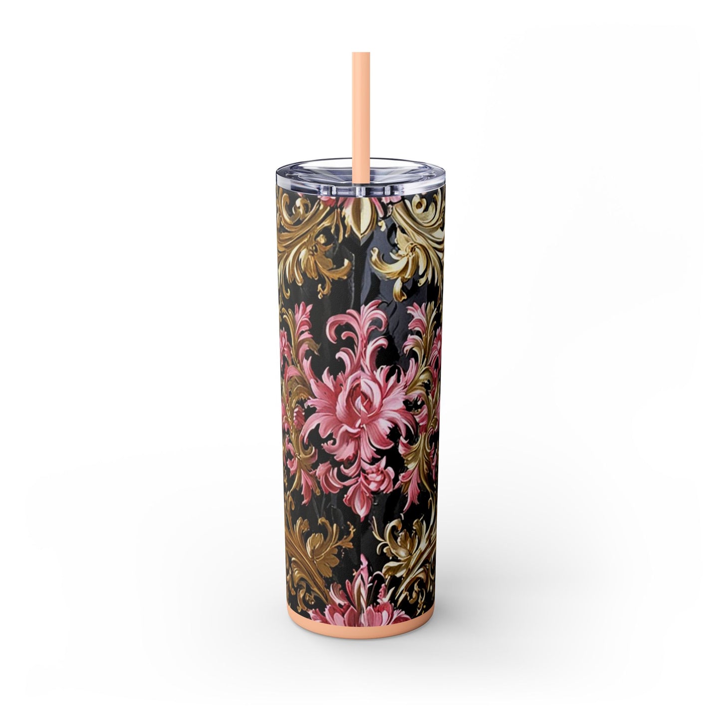 Chic Floral Skinny Tumbler with Straw, 20oz - Elegant Drinkware for Tea Lovers, Travel Mugs, Gifts for Her - Black & Pink Oil Painting Style Rococo